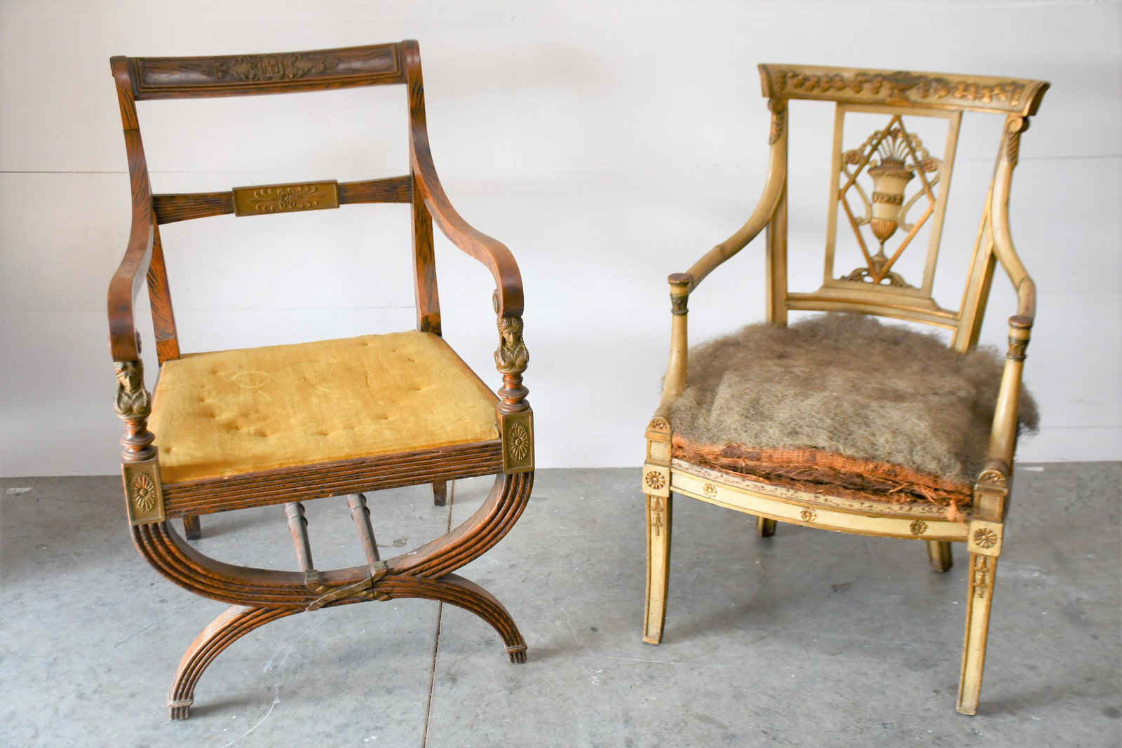 2pc. Lot of French Arm Chairs 36"H, 24" x 23": 2pc. Lot of French Arm Chairs 36"H, 24" x 23" / 35"H, 23" x 24"