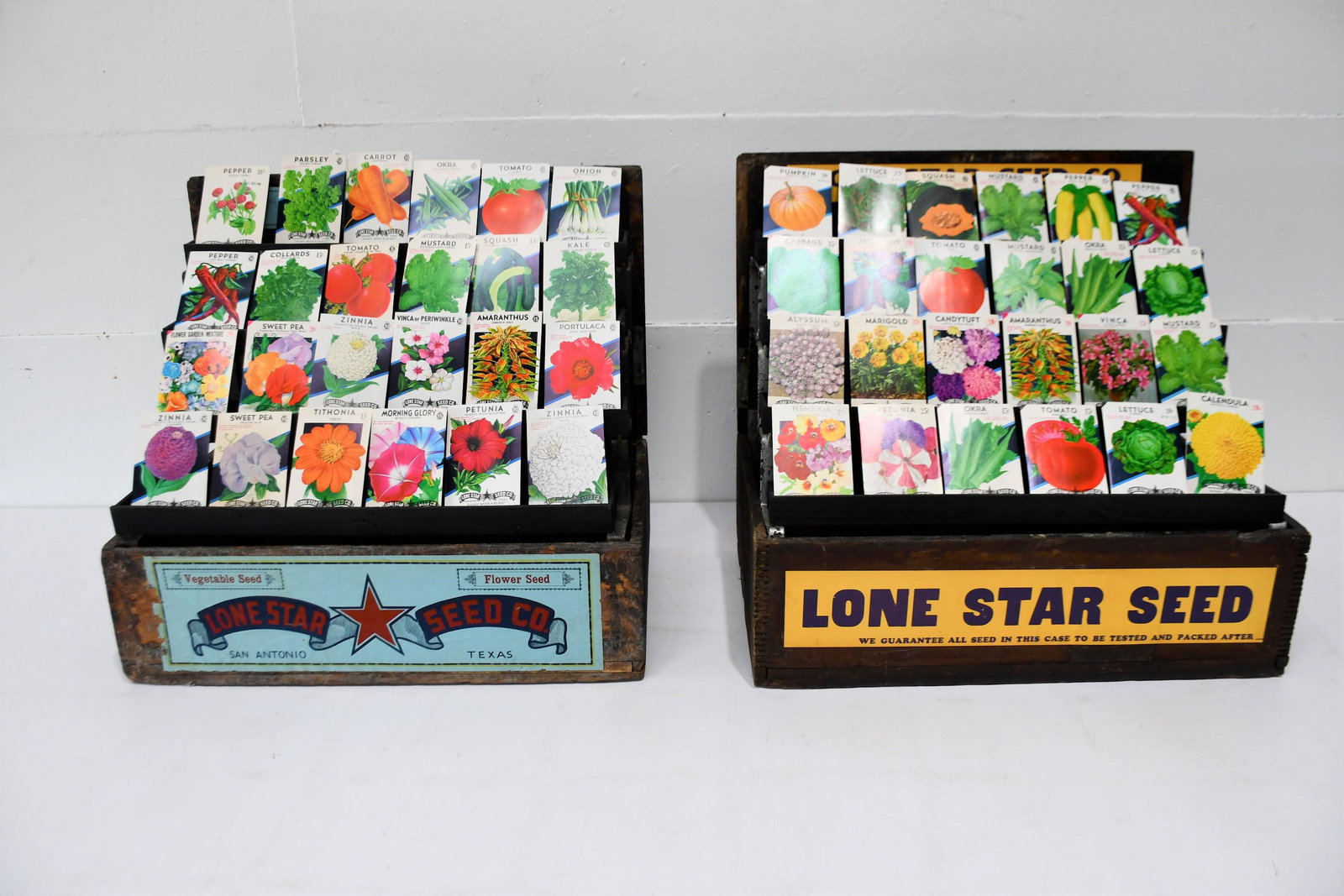 Pair of Lone Star Seed Display Boxes w/ Lone Star Seed: Pair of Lone Star Seed Display Boxes w/ Lone Star Seed Co. Seed Packets / 20"H, 22 1/2" x 14 1/2"