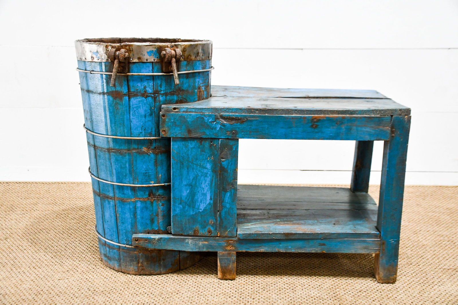 Blue Painted Work Table w/ Bucket 28"H,   38"  x   20" (1 of 5)