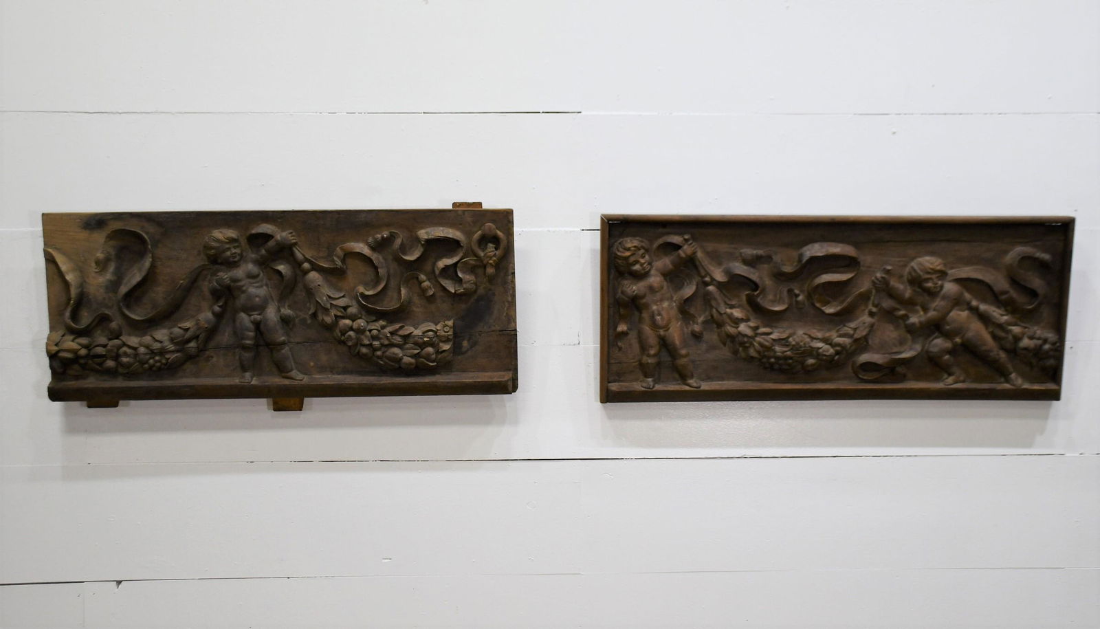 2pc. Lot of Carved Wooden Cherub Theater Panels 18"  x (1 of 6)