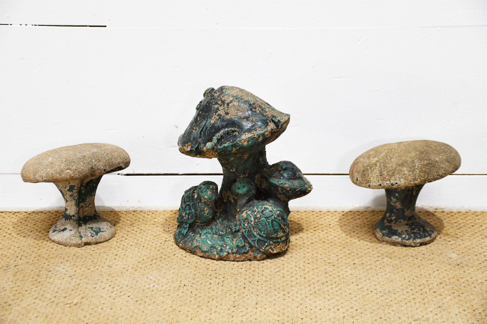 3pc. Lot of Concrete Mushrooms (2) - 7"H, 8 1/2": 3pc. Lot of Concrete Mushrooms (2) - 7"H, 8 1/2" diam. ea.(1) - 12"H, 9" x 8"