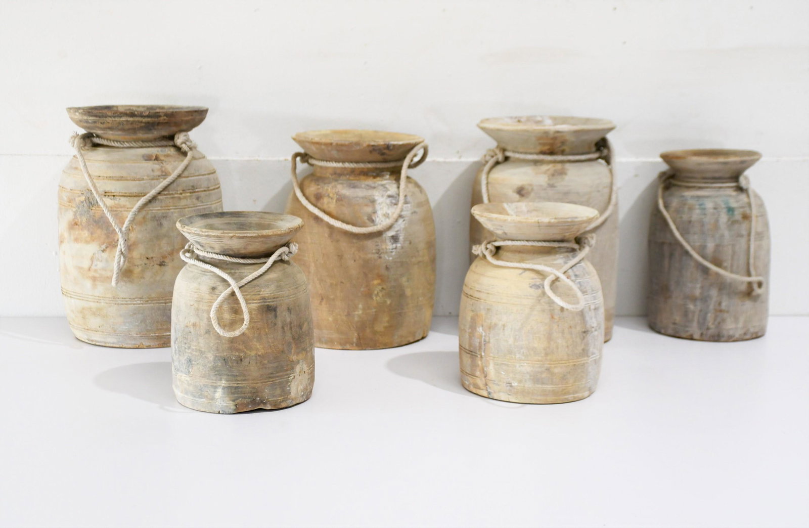 6pc. Lot of Turn Wood Pots w/ Rope Handles largest  - (1 of 2)