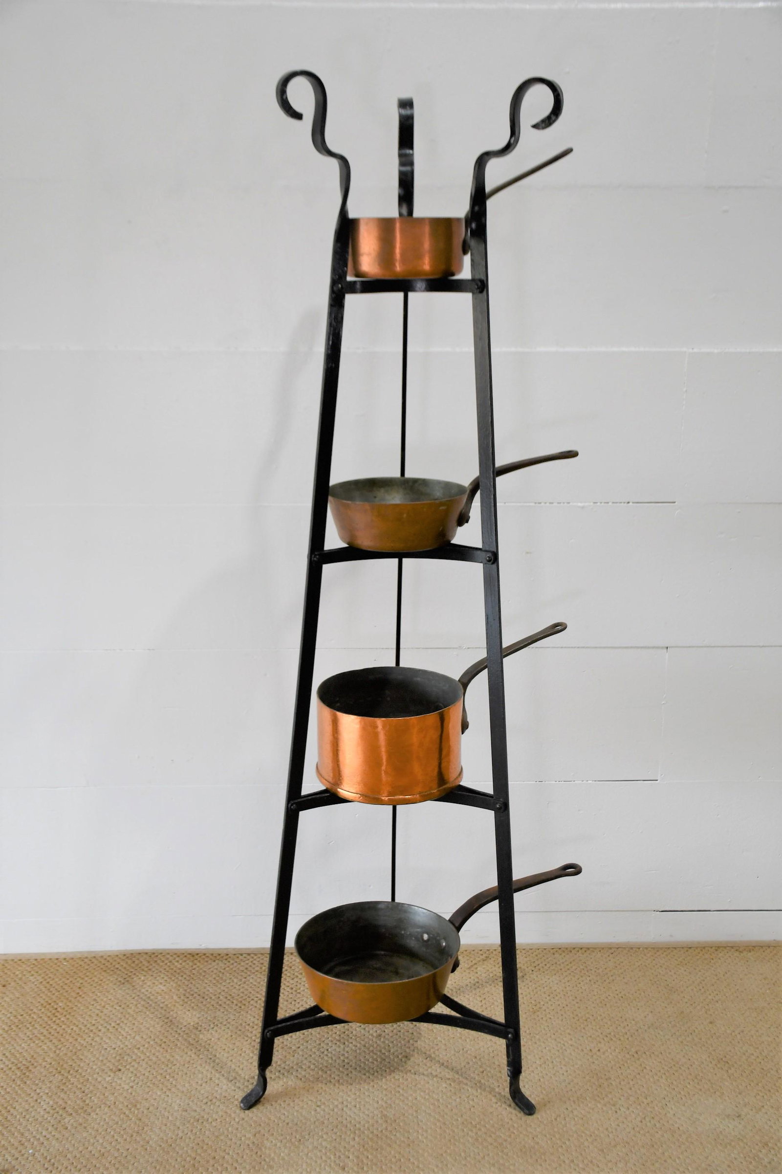 French Wrought Iron Pot Rack w/ Copper Pots rack  -   64 1/2"H,   20"  x   20"   /   largest pot  - (1 of 7)