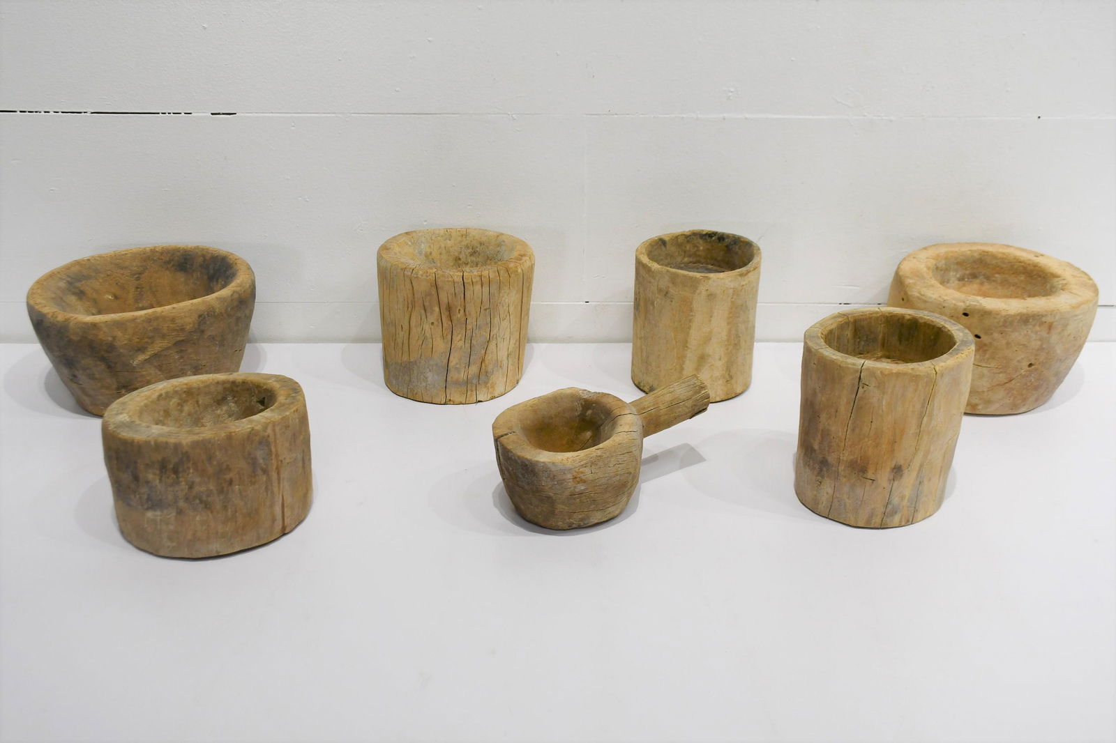 7pc. Lot of Wooden Mortars biggest  -   8"H,   9" diam. (1 of 3)