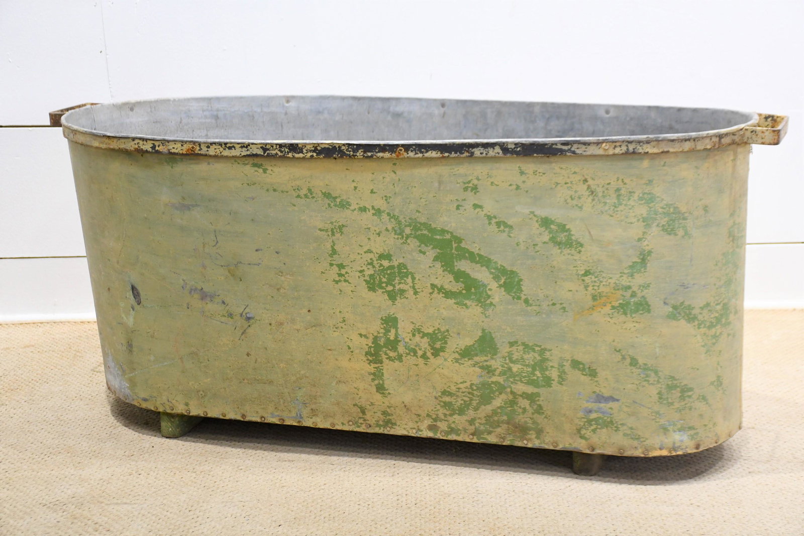 French Painted Galvanized Tub 21 3/4"H,   51 1/2"L (handles),   24 1/2"W (1 of 4)