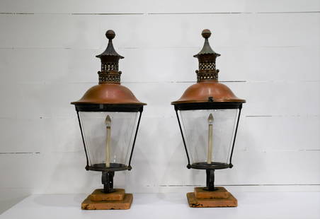 Pair of Copper Street Lanterns 50 1/2"H, 22" diam. / base - 14" x 13 1/4": Pair of Copper Street Lanterns 50 1/2"H, 22" diam. / base - 14" x 13 1/4"