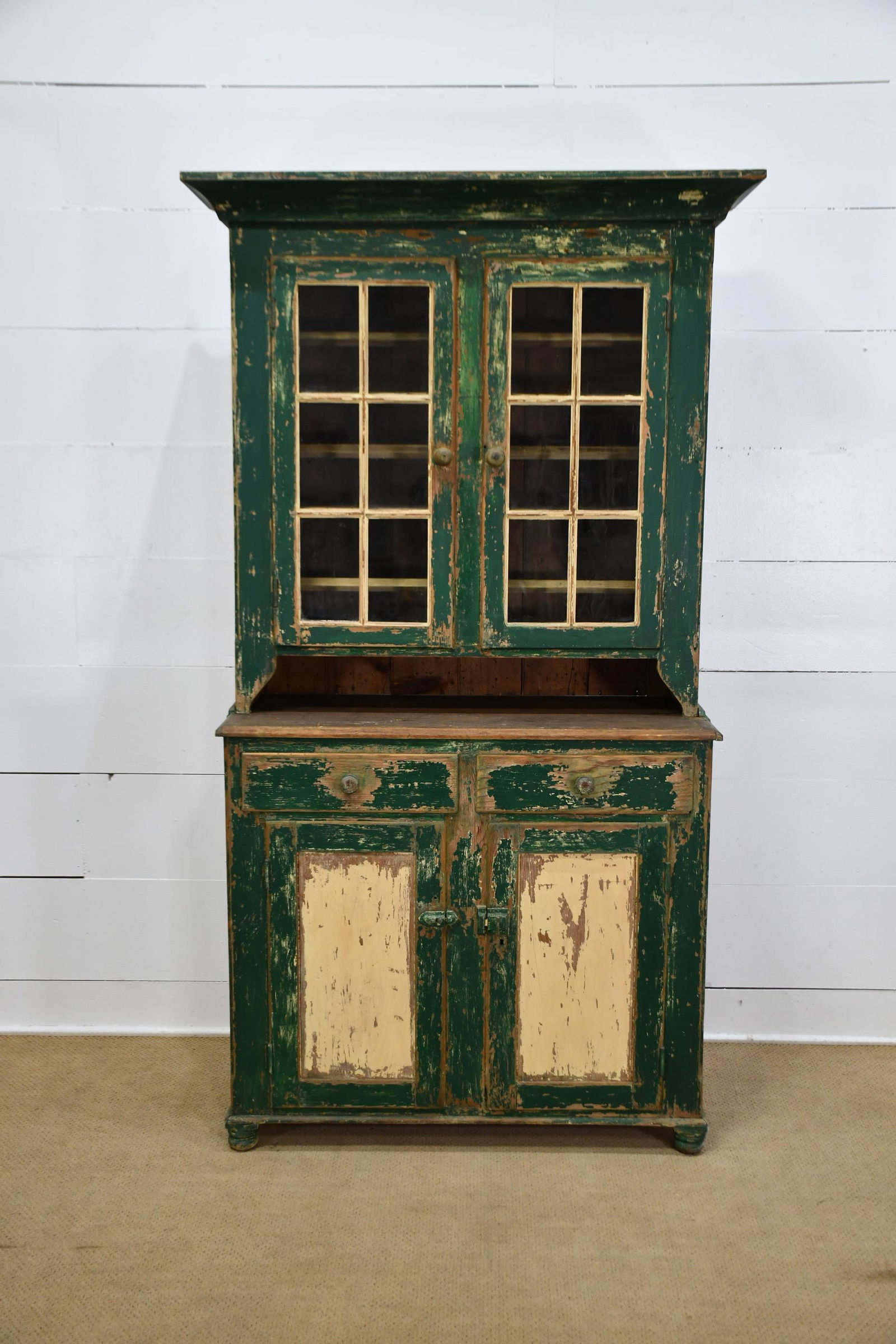 Pa. Green Painted Step back Cupboard w/ Glass Doors 84 1/2"H,   48"L(crown),   18 1/2"W (1 of 7)