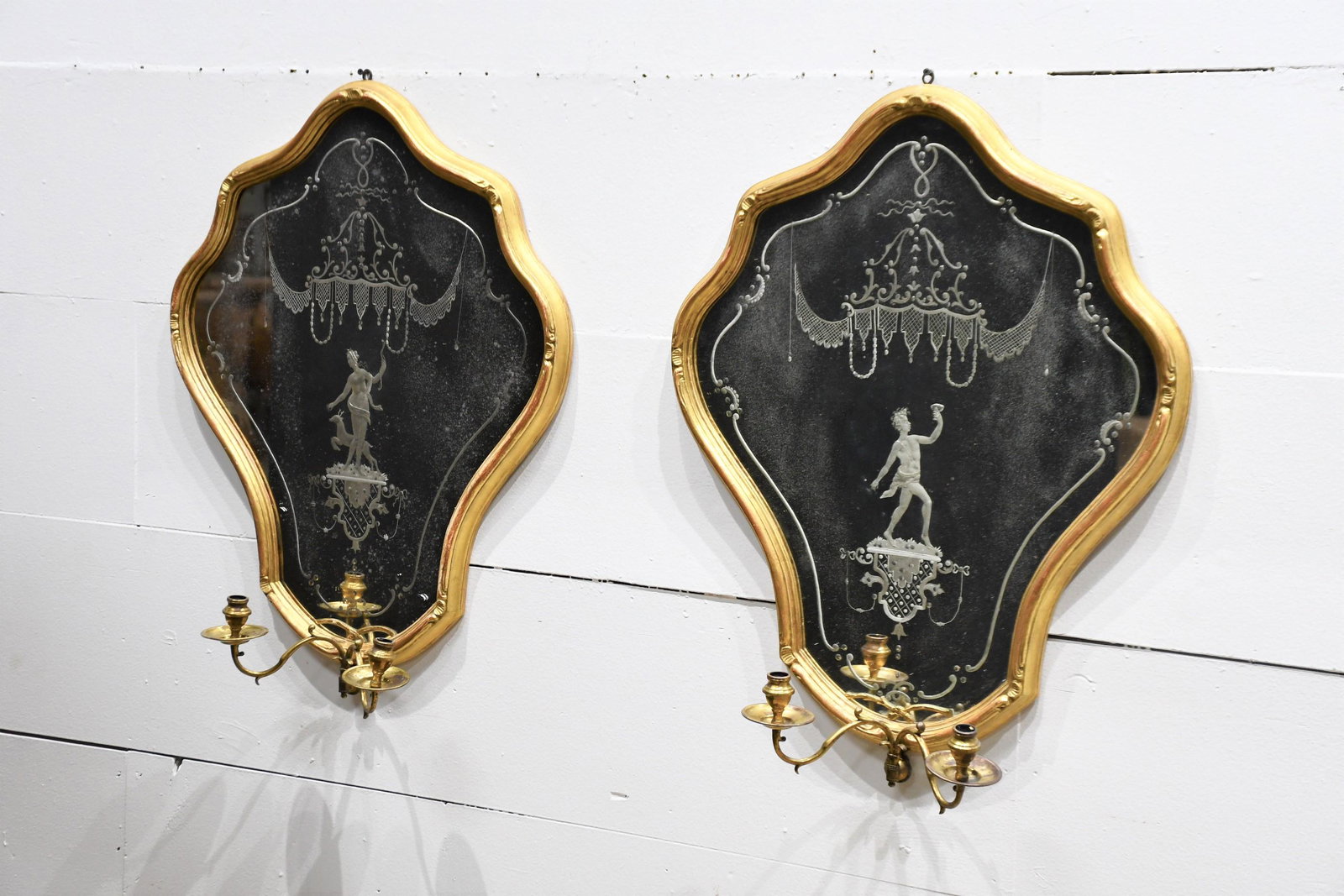 Pair of Early 19th C. French Mirrored Sconces 30"H,   23 1/2"  x   7"      ea. (1 of 5)