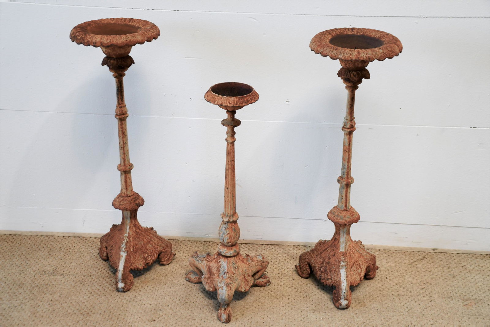 3pc. Lot of Cast Iron Candle Holders (2)  -   25 1/2"H,   8" diam.   /   (1)  -   21 1/2"H,   5" (1 of 7)