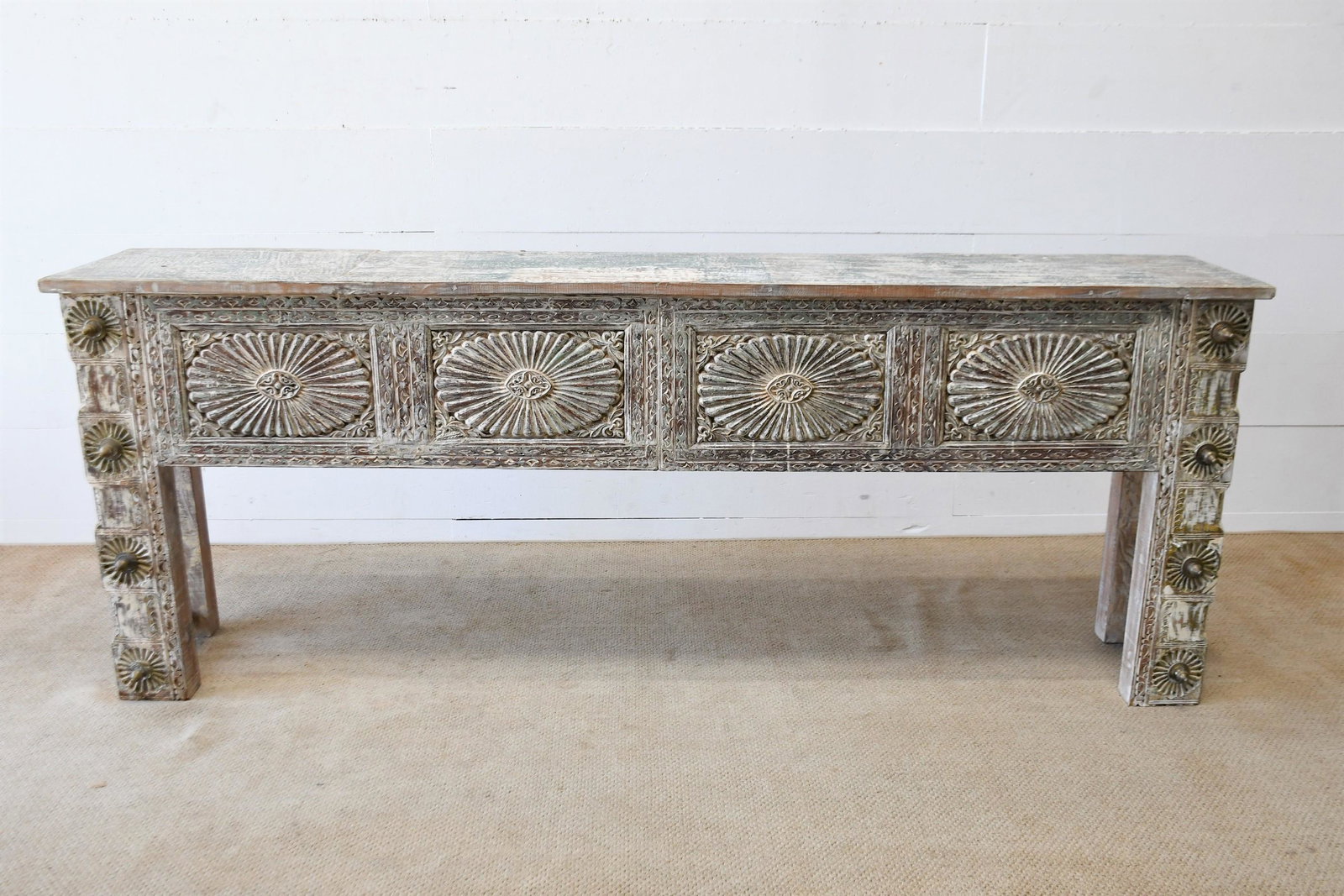 Carved Wooden Architectural Console 38"H, 98" x 17": Carved Wooden Architectural Console 38"H, 98" x 17"