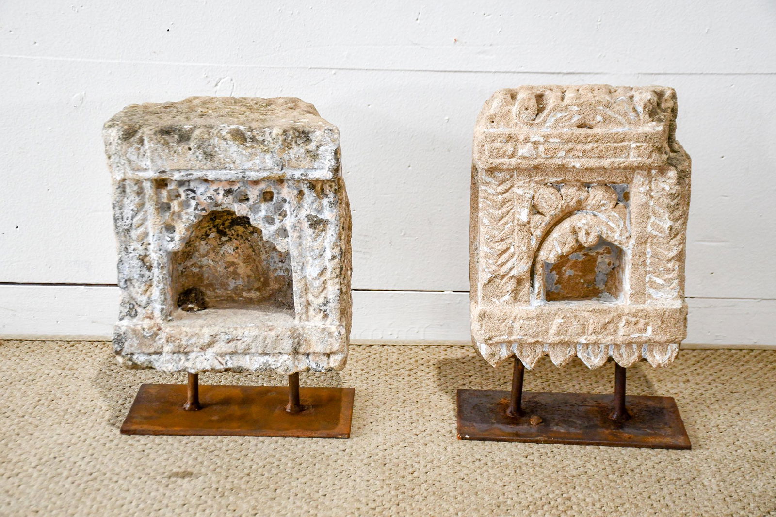 2pc. Lot of Carved Stones on Bases 16"H,   9"  x  6"    /    14"H,   10"  x   8" (1 of 3)