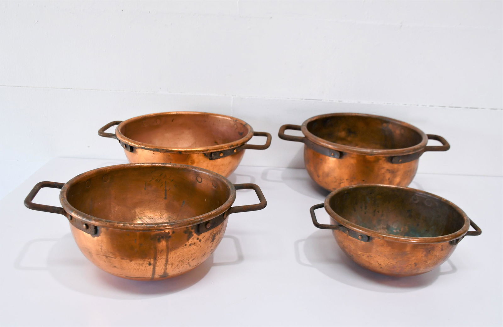 4 PC Graduated Copper Candy Kettles 6 1/2"H,  13 1/2" diam.,  16"L (handles)    / (1 of 9)