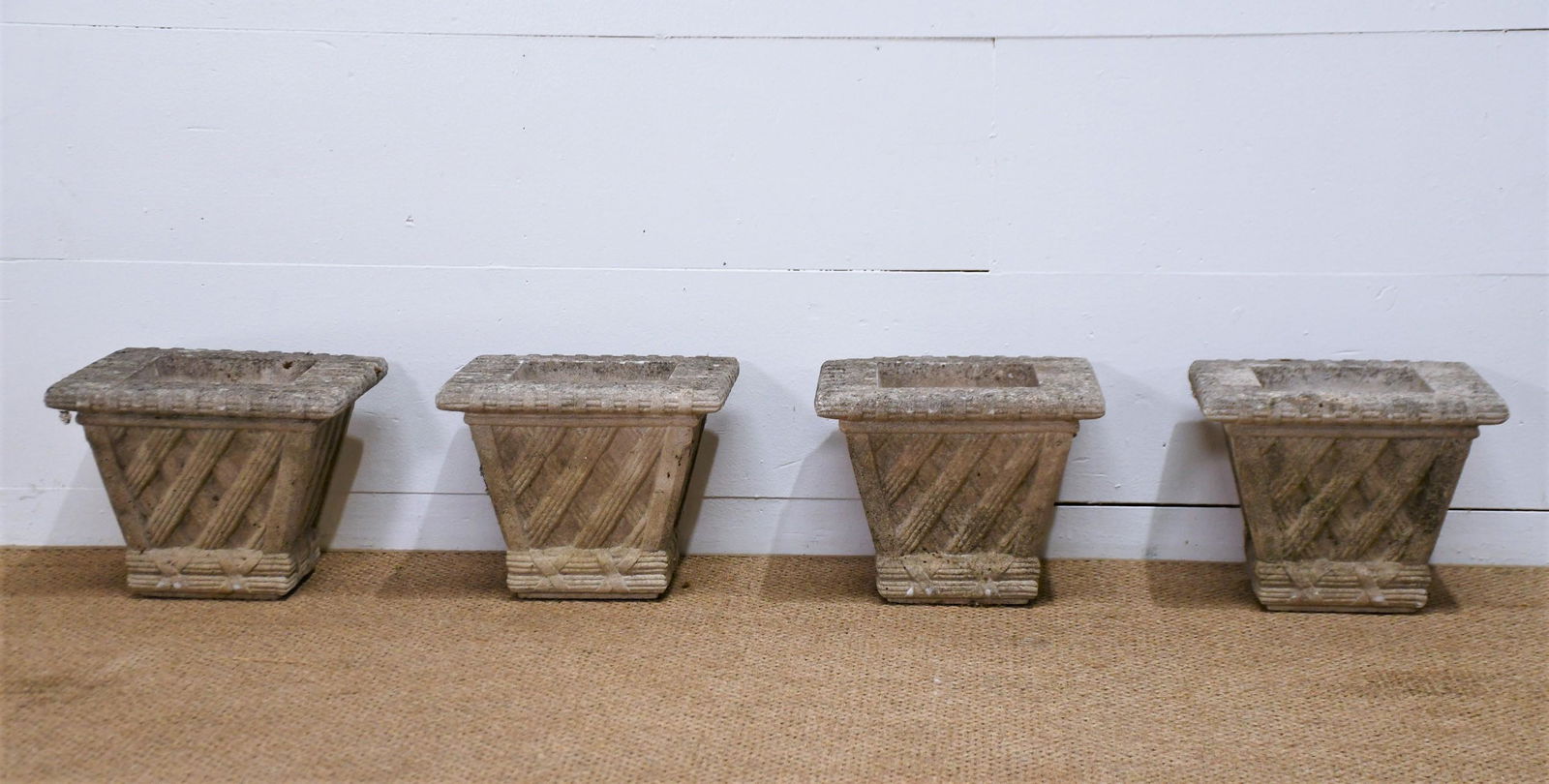 4 PC English Concrete Basket Weave Planters 10"H  x  13"  x  13"       Each (1 of 6)