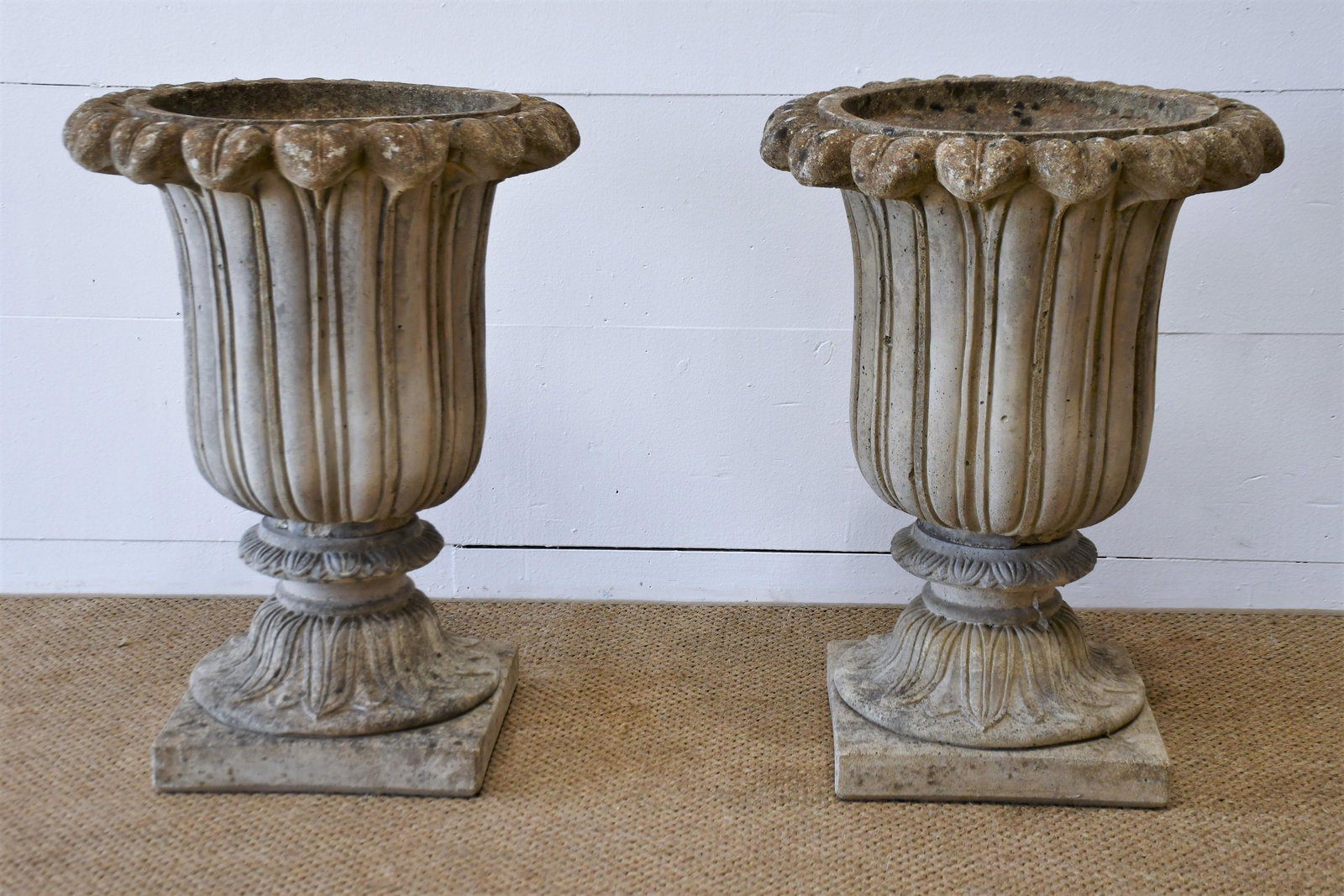 Pair of English Concrete Lotus Urns 27"H  x  20" Diam.     Each (1 of 7)