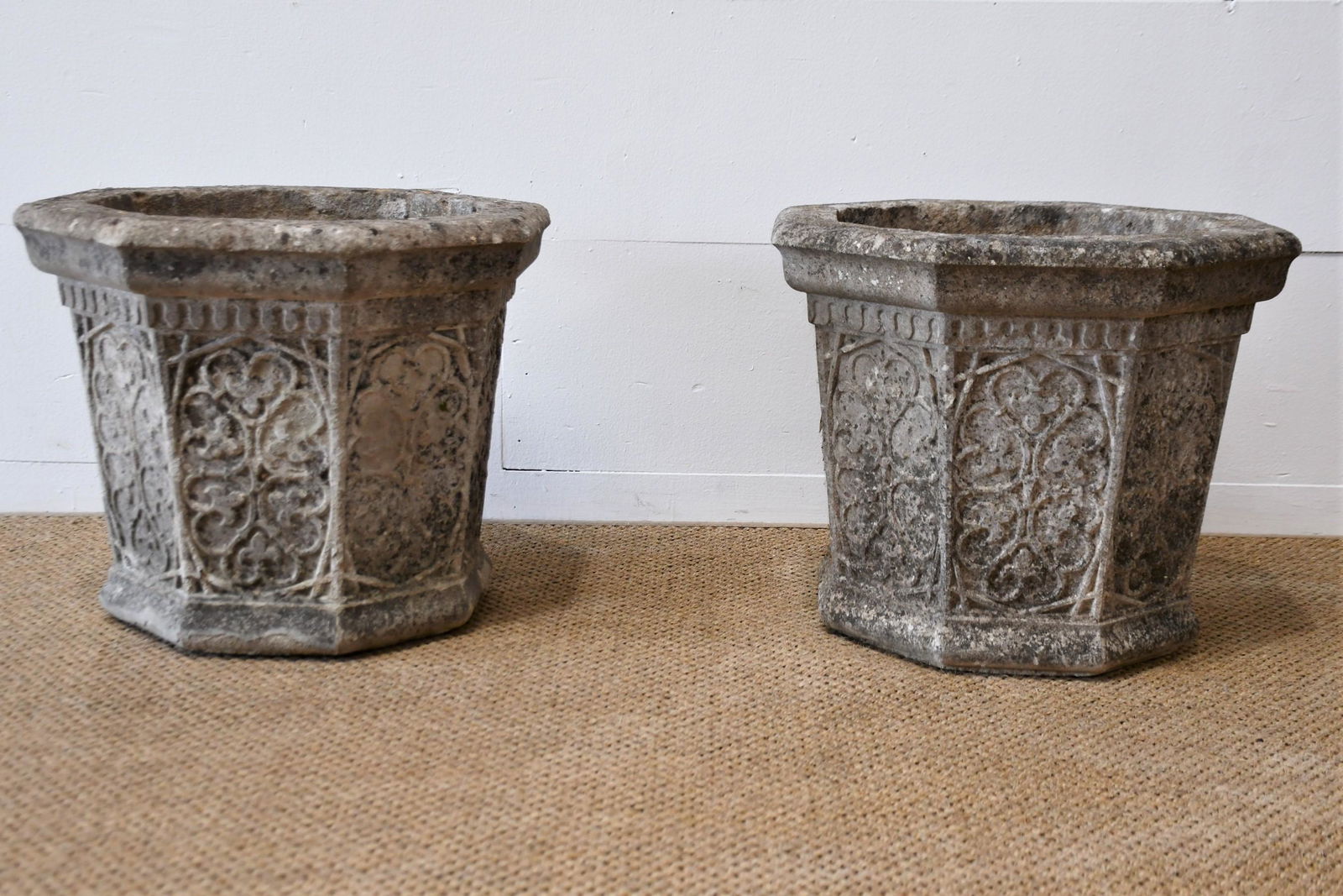 Pair of English Stone Cotswold Planters 16 1/2"H  x  19 1/2" Diam. (1 of 5)