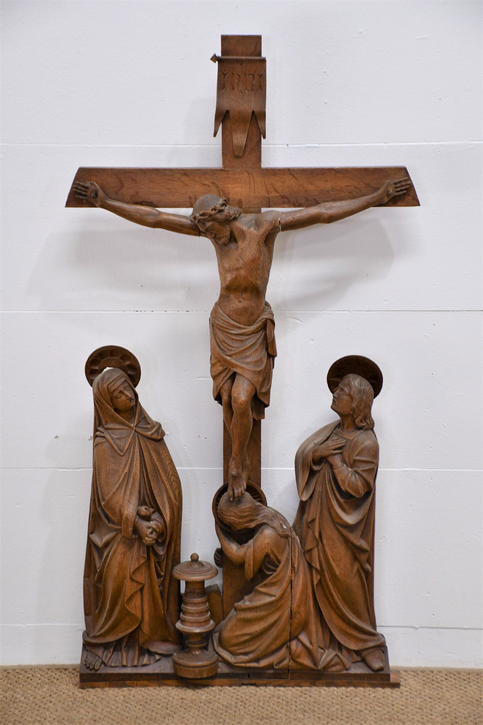 19th C. Carved Wooden Altar Piece Mary, John, Mary Magdeline, & Christ     / (1 of 6)