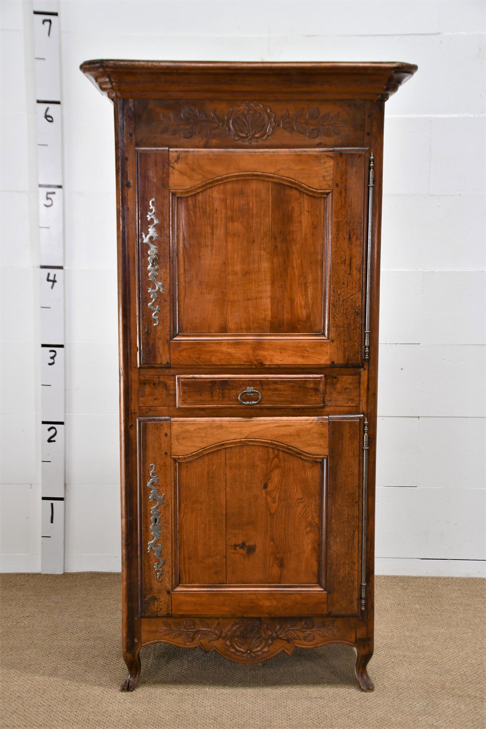 19th C. French Bonnetiere w/ Carved Decoration 72 1/2"H x 36"L x 22"W: 19th C. French Bonnetiere w/ Carved Decoration 72 1/2"H x 36"L x 22"W