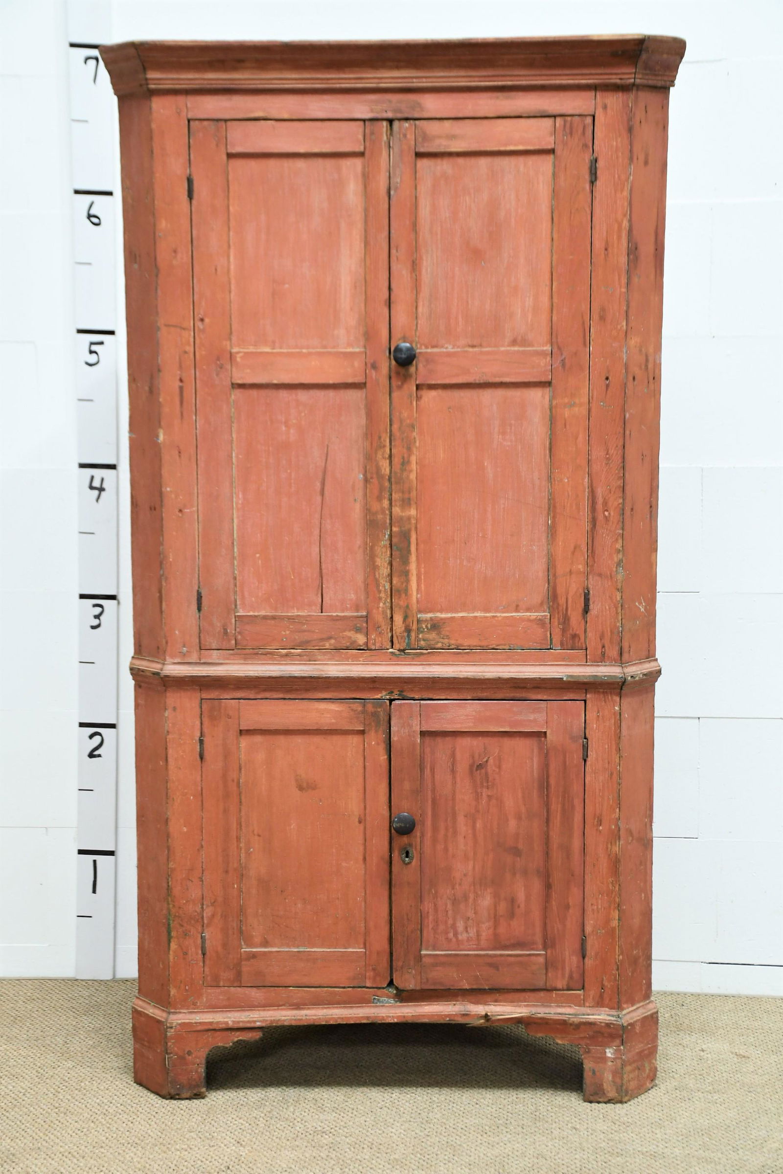 Indiana Red Painted One Piece Corner Cupboard 80 1/2"H  x  44"L  x  23 1/2"W (1 of 4)