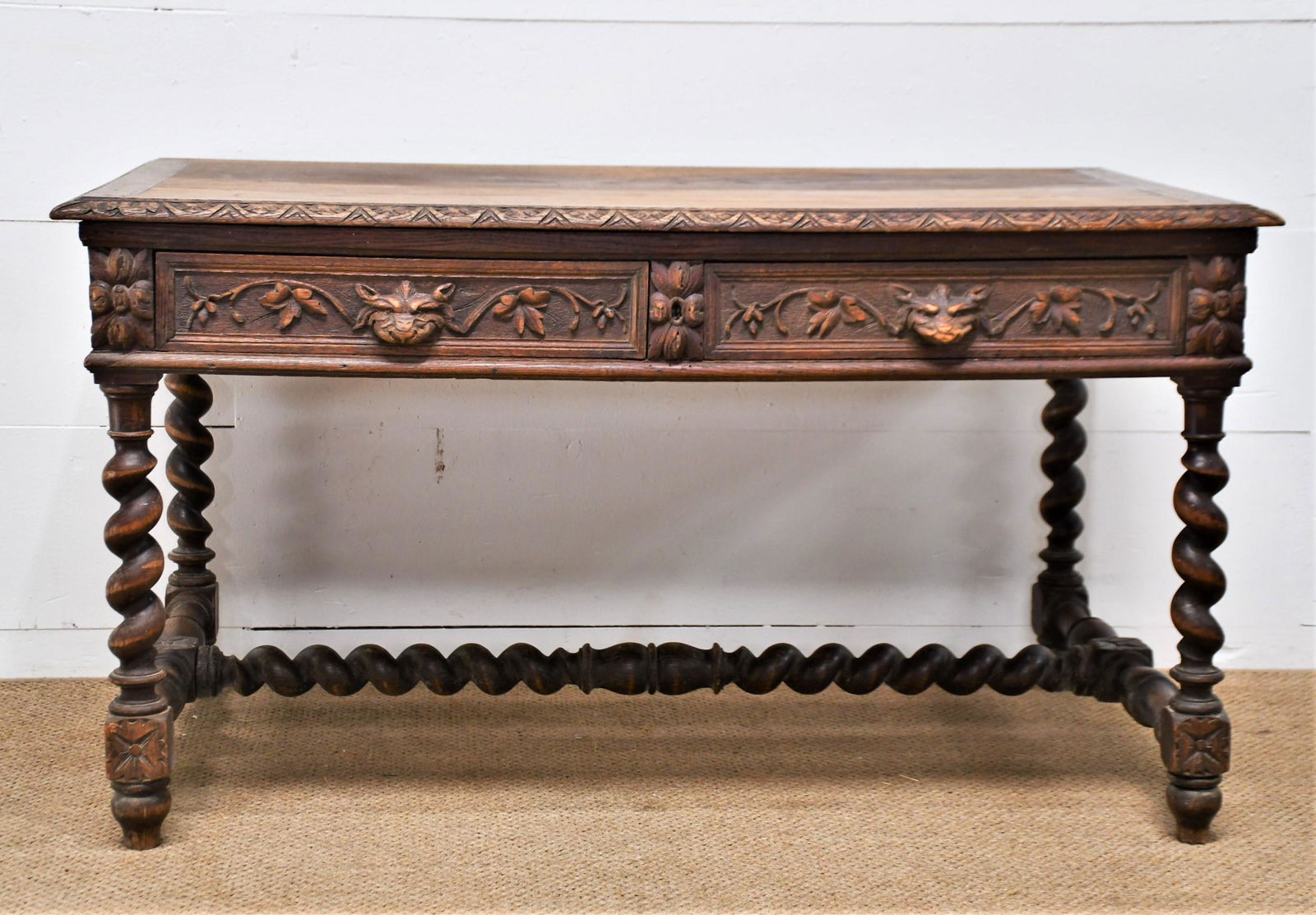 French Gothic Barley Twist Revival 2 Drawer Desk 29"H  x  53"L  x  30 1/2" W (1 of 7)