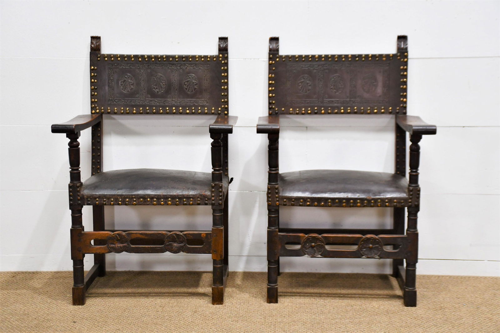 Pair of 19th C. French Studded Leather Chairs 41"H  x  26 1/2"L  x  20"W (1 of 7)