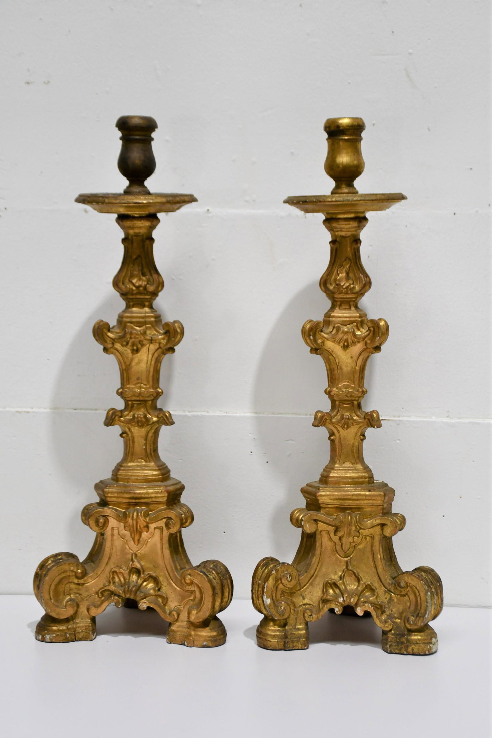 Pair of Early 19th C. Italian Wooden Altar Sticks 26"H x 9"L x 9"W: Pair of Early 19th C. Italian Wooden Altar Sticks 26"H x 9"L x 9"W