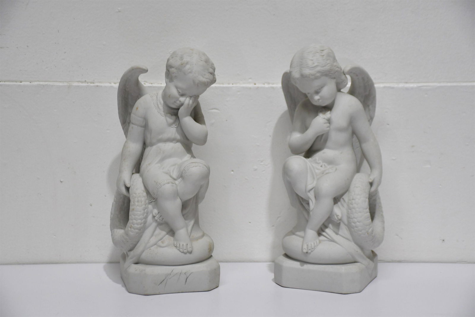 Pair of 19th C. Parian Bisque Angels Paris / 13 1/2"H x 5 1/2"L x 6"W: Pair of 19th C. Parian Bisque Angels Paris / 13 1/2"H x 5 1/2"L x 6"W