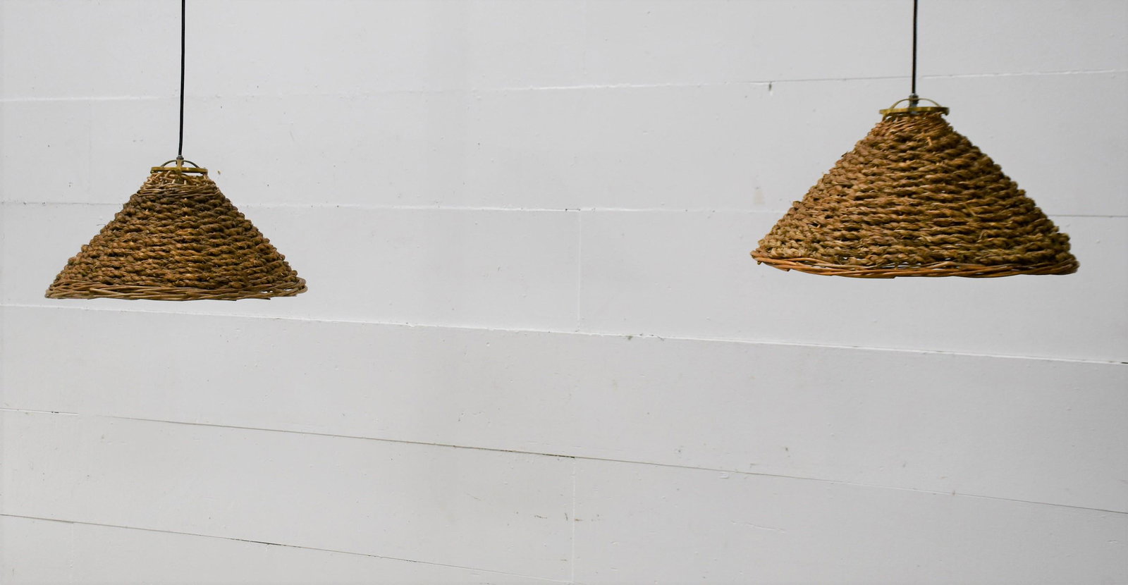 Pair of Wicker Cone Lights 11"H x 19" Diam.: Pair of Wicker Cone Lights 11"H x 19" Diam.