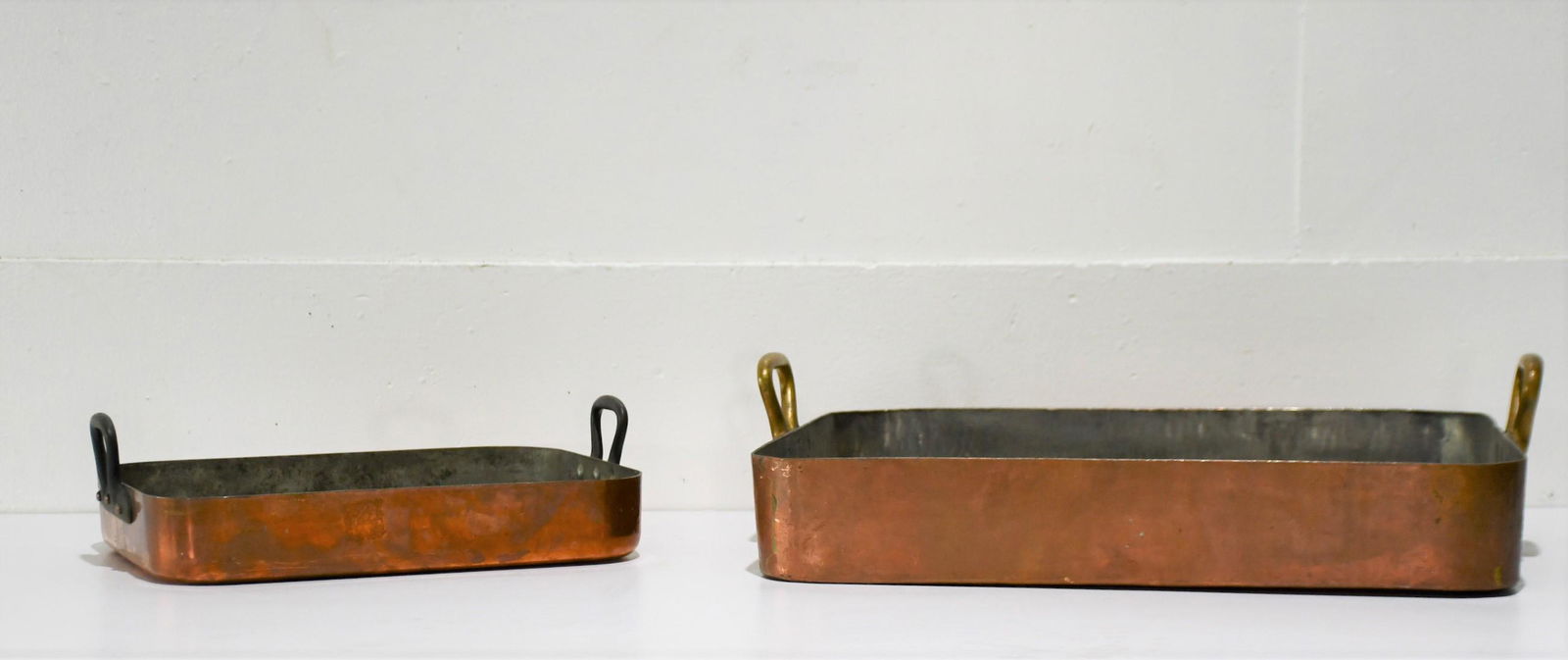 2pc. Lot of Early Hotel Copper Pans 4 1/2"H,  (7 1/2"H at handle),   22 1/4"  x   26 1/4"     / (1 of 8)