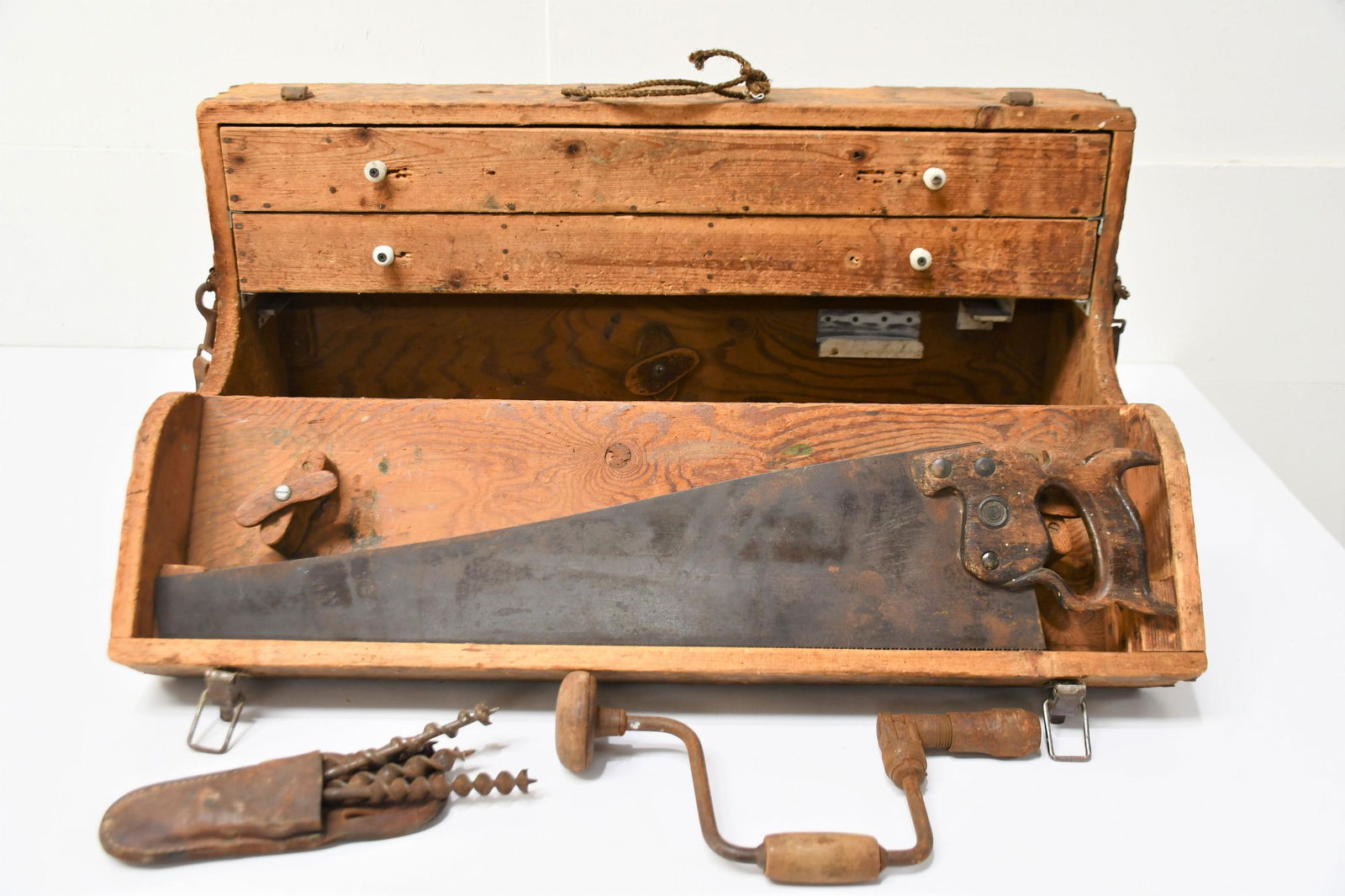 Early Carpenter's Tool Box w/ Tools 16 1/2"H  x  32"L  x  9"W (1 of 4)