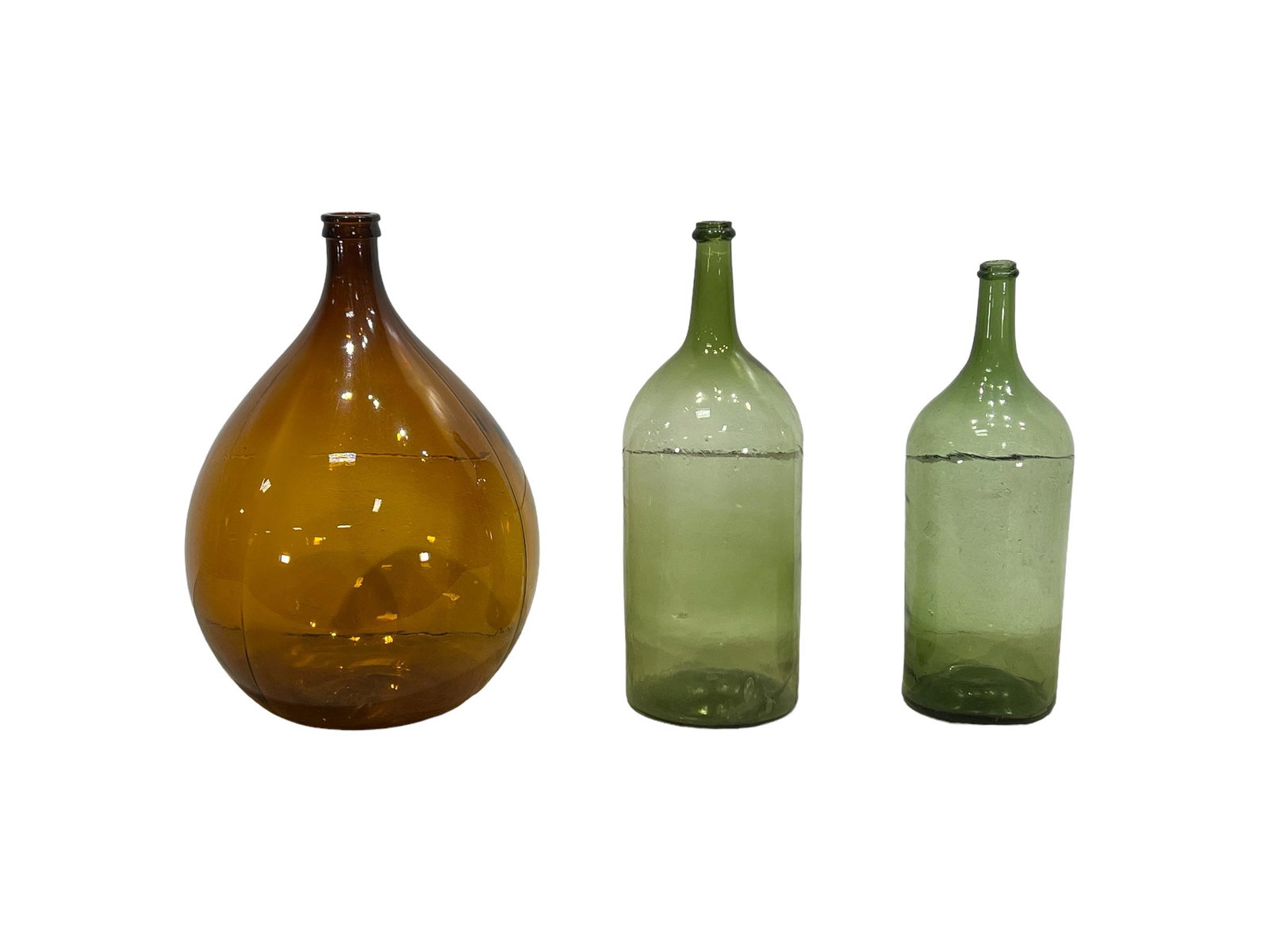 3pc. Lot of French Colored Glass Demi Johns 26"H,   16 1/2" diam.   /   25 1/2"H,   9" diam.   / (1 of 6)