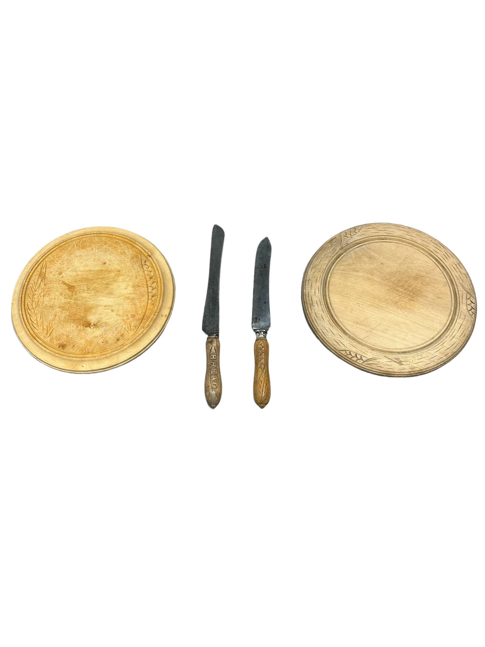 4pc. Lot of English Bread Boards / Knives 11 3/4" diam.   /   11 1/4" diam.   /   13 1/4"L   /   14 (1 of 6)