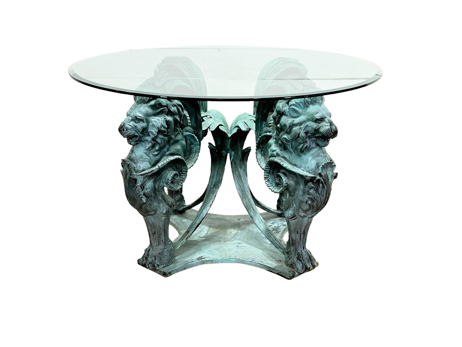 Bronze Standing Lion Glass Top Table Signed A.j. Rock / 31 3