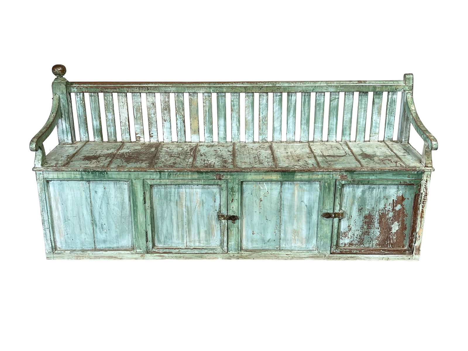 Green Painted Farmhouse Bench w/ Storage 39 1/4"H,   80 3/4"L,   19 1/2"W    /    seat  -  21 1/4"H (1 of 9)