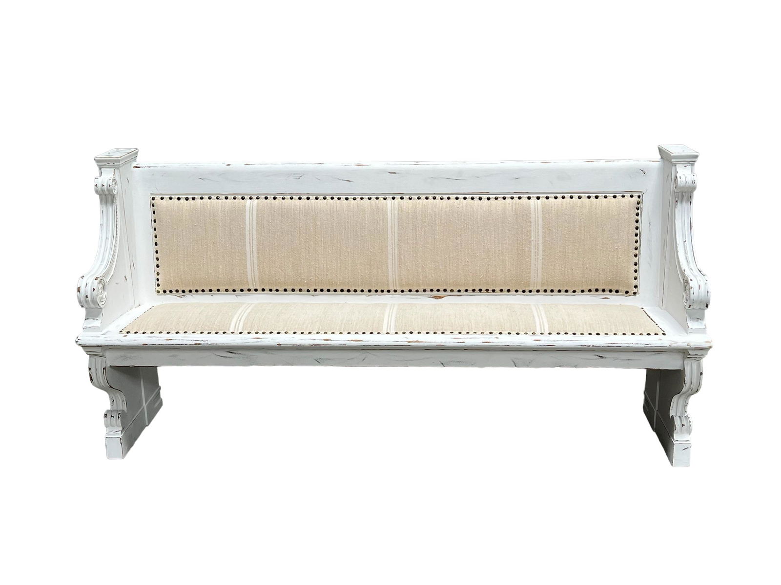 Newly Upholstered Painted Church Pew w/ vintage grain sacks   /   35"H,   70"L,   19 1/2"W   / (1 of 5)