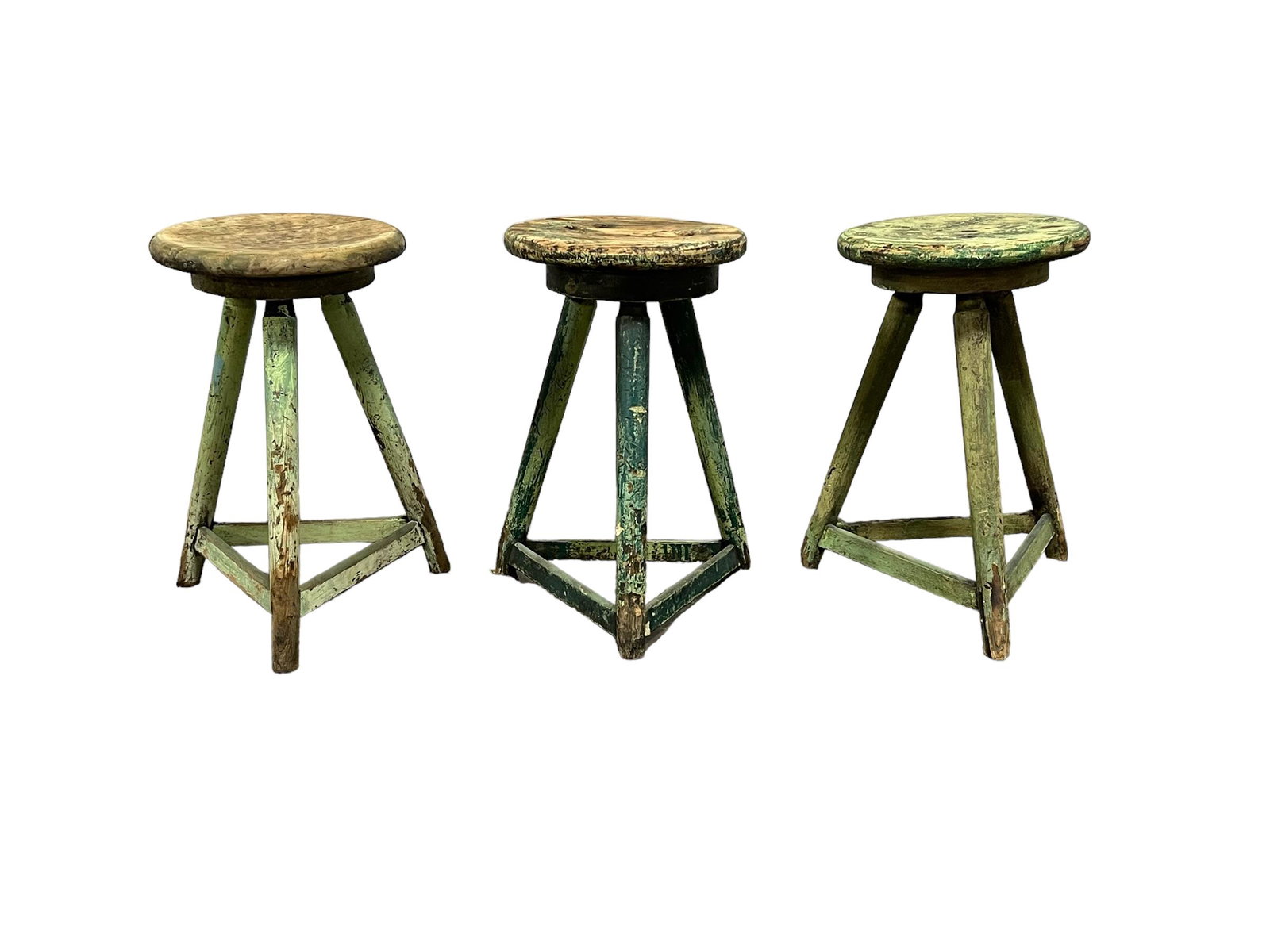 3pc. Lot of Industrial Green Painted Wooden Stools 22"H,   14" diam. (seat)    /    14 1/2"  x   16" (1 of 4)