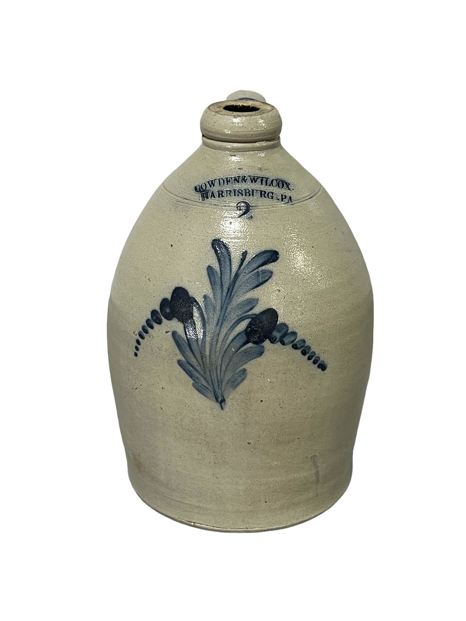 Pennsylvania Decorated Stoneware Jug Cowden & Wilcox   /   Harrisburg, Pa.    /    2 gal.    / (1 of 7)