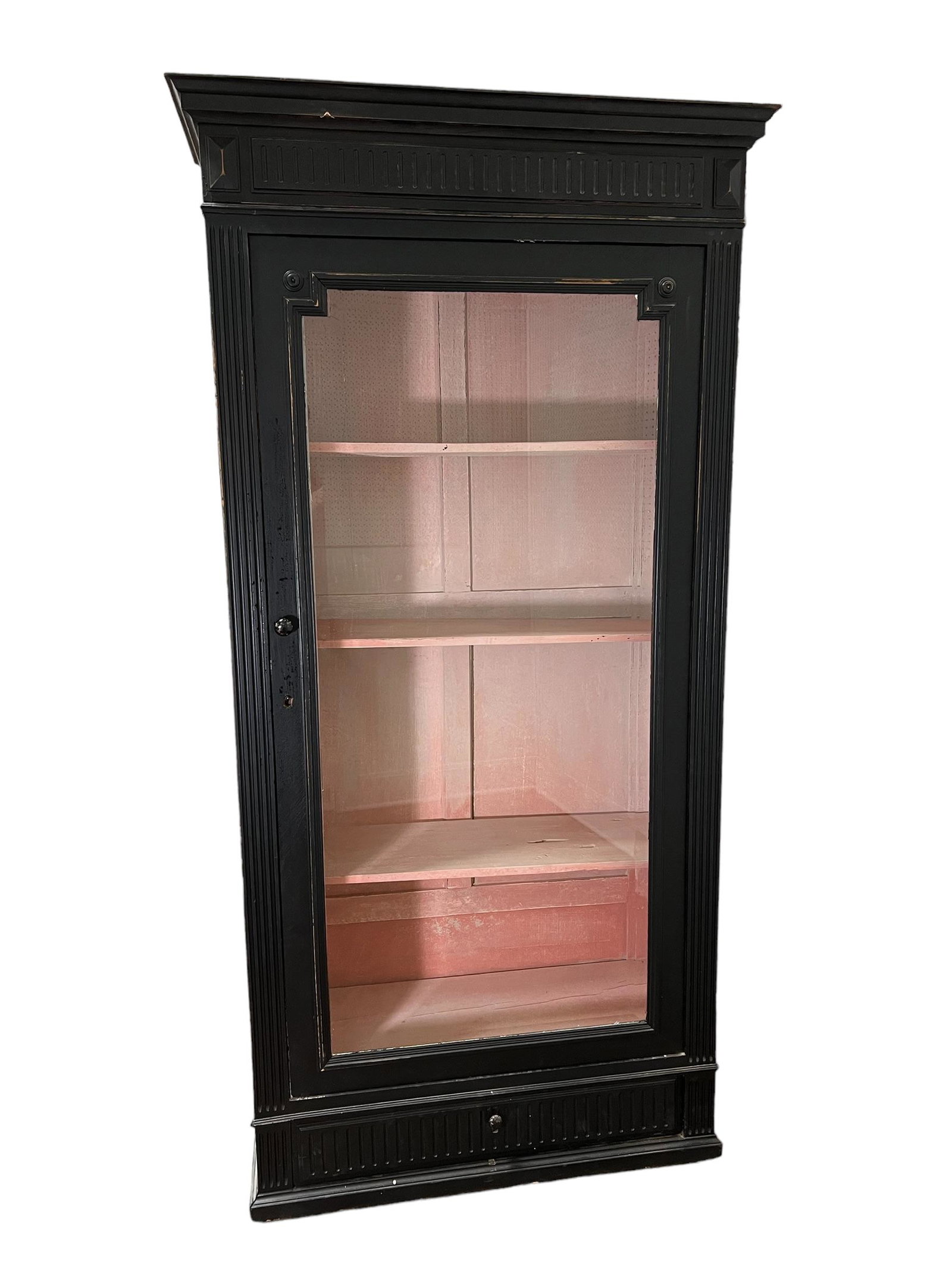 French Black Painted One Door Cupboard w/ beveled glass     /      83 1/2"H,   42"L(crown),   18 (1 of 11)