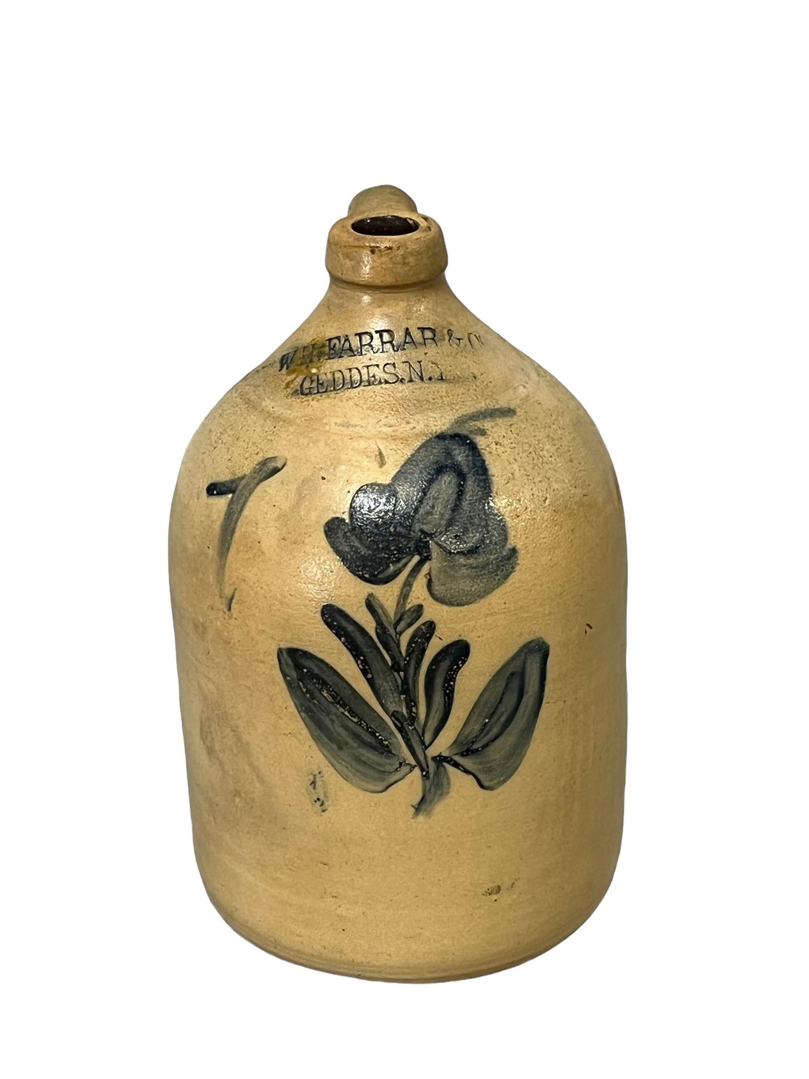 New York Decorated Stoneware Jug W.H. Farrar & Co.  /  Geddes, N.Y.    /    11 1/8"H,   7 3/8" diam. (1 of 10)