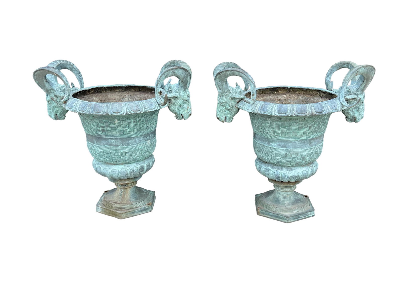 Pair of Bronze Garden Urns w/ Ram Heads 35 1/4"H,   34"  x   24 1/2"          ea. (1 of 12)