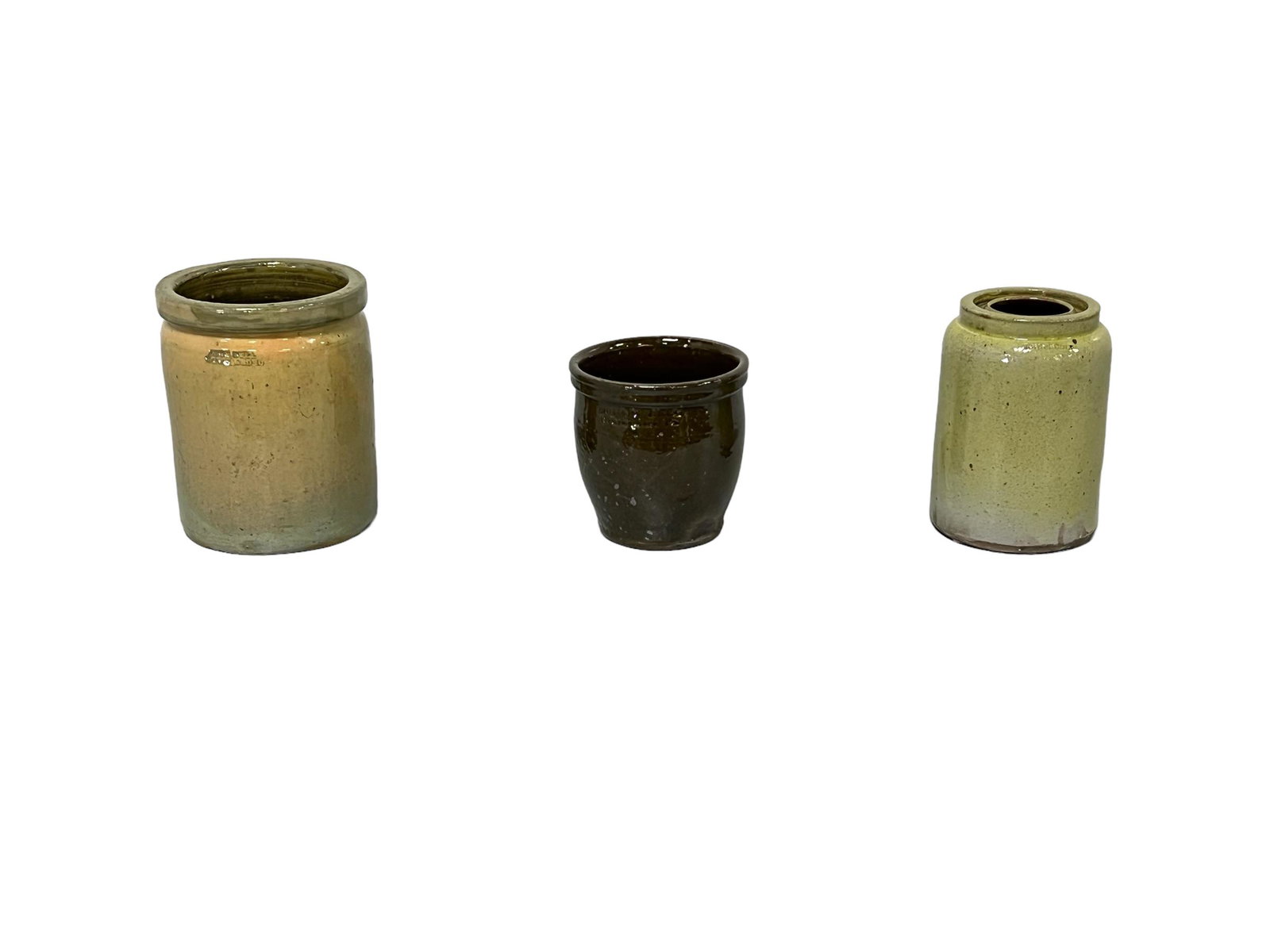 3pc. Lot of John Bell Glazed Pottery Waynesboro, PA.   /   6 3/4"H,   4 3/4" diam.   /    5 1/4"H, (1 of 18)