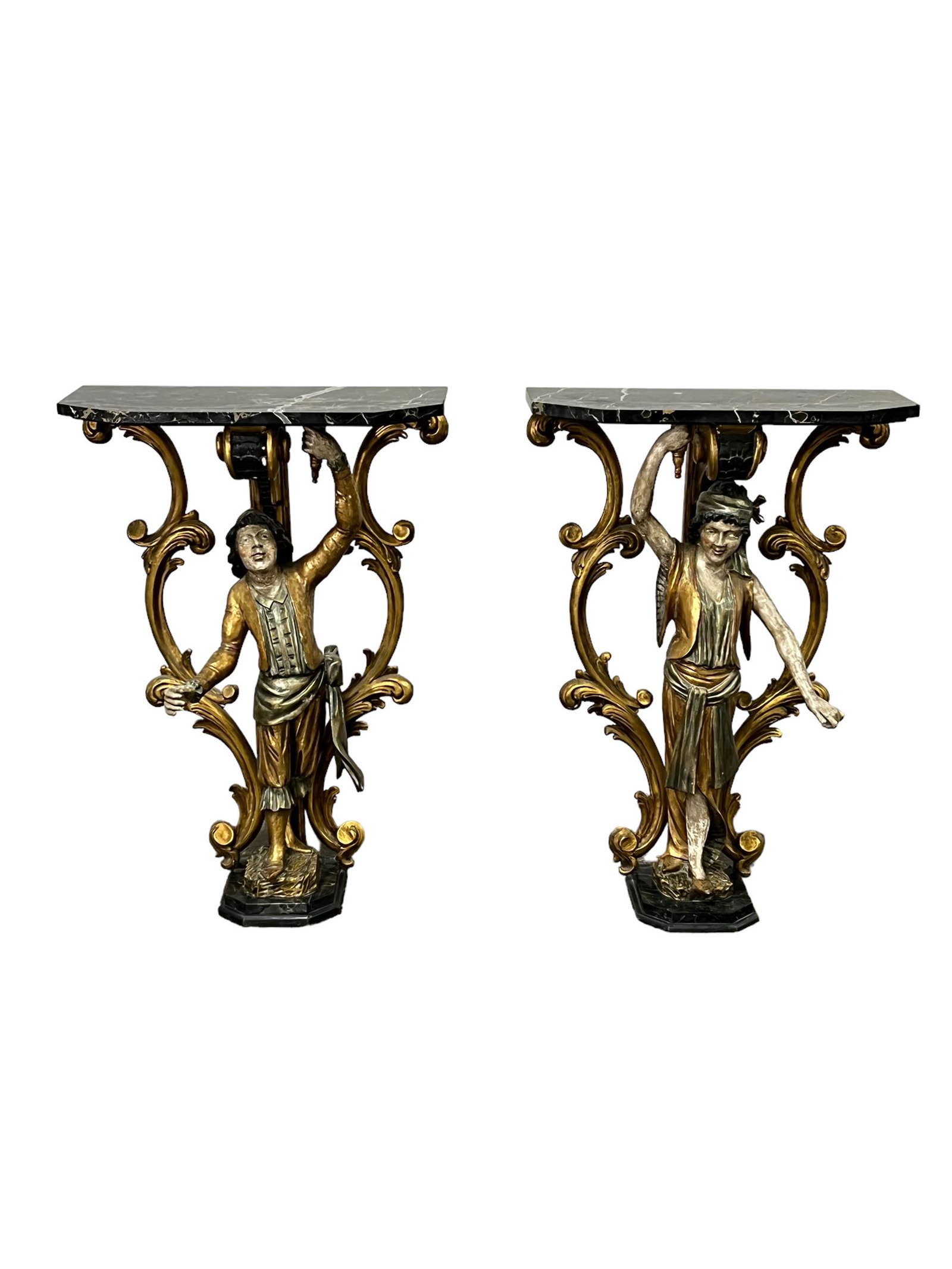 Pair of Italian Figural Marble Top Consoles 40 5/8"H,   28 1/8"L,   11 1/8"W       ea. (1 of 20)