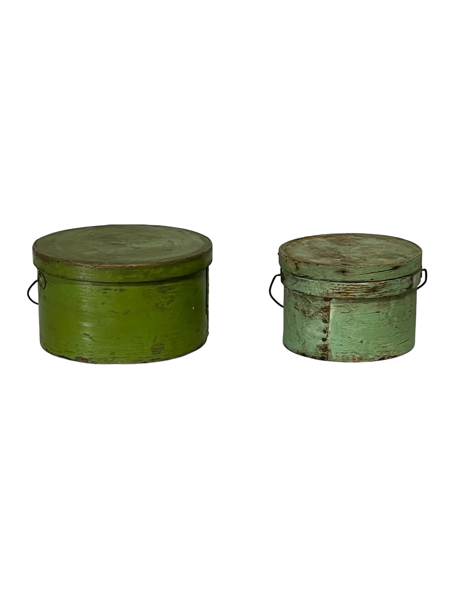 2pc. Lot of Green Painted Pantry Boxes 6 1/4"H,   11 3/4" diam.   /   6 1/4"H,   9" diam. (1 of 10)