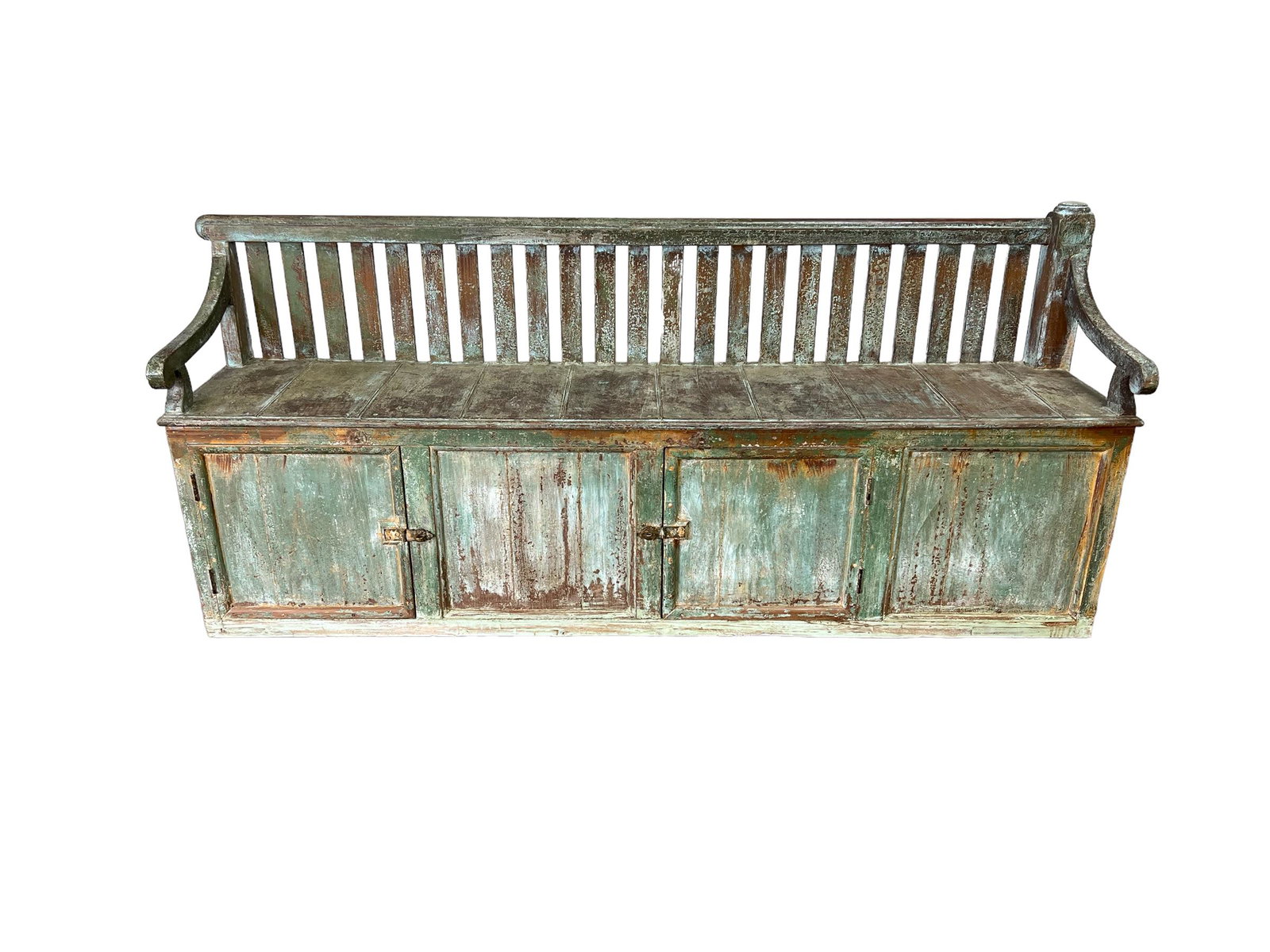 Green Painted Farmhouse Bench w/ Storage 36"H,   82"L,   18"W   /    seat  -   21 1/2"H (1 of 9)