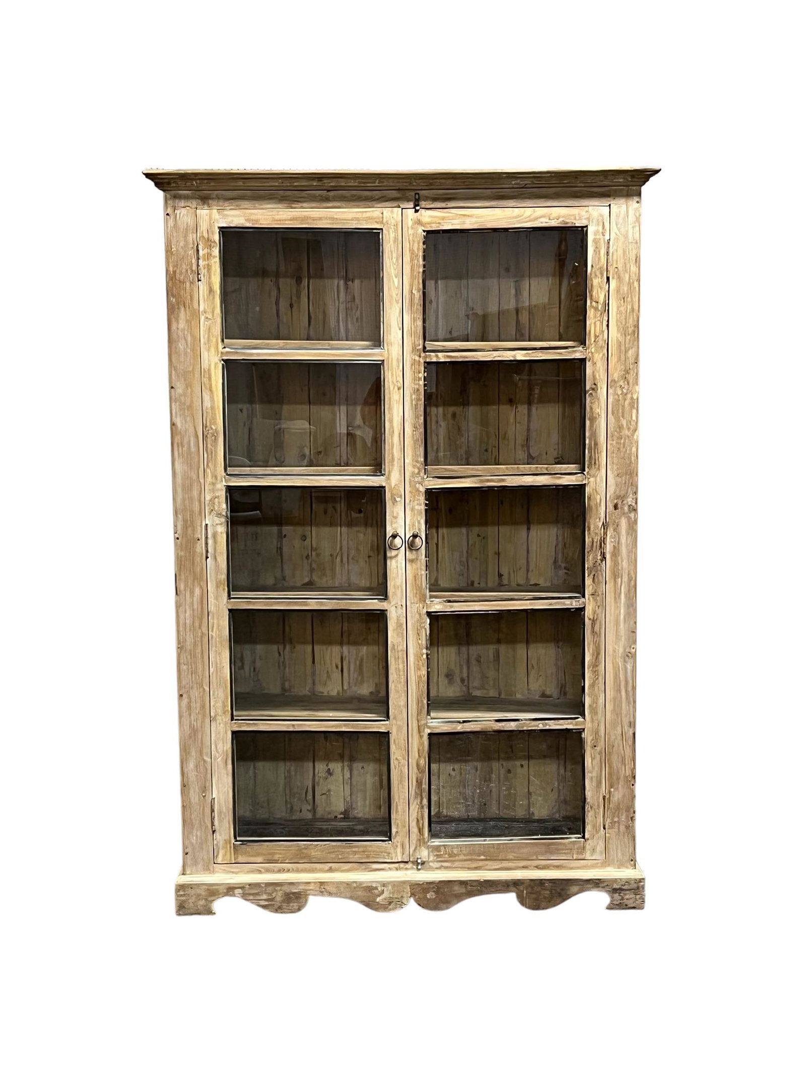 Bleached One Piece Store Display Cupboard w/ glass doors    /     87 3/4"H,   58 5/8"L(crown),   17 (1 of 9)