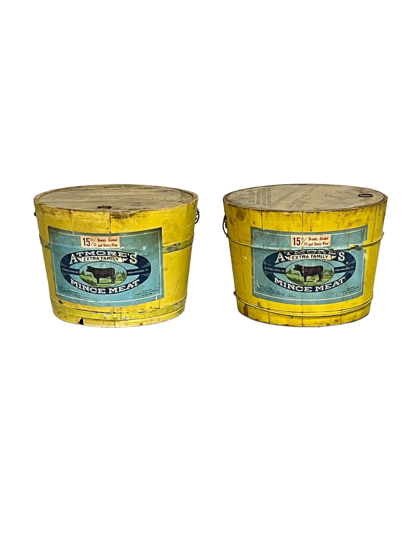 Pair of Atmore's Mince Meat Wooden Buckets 9 5/8"H,   13 1/2" diam.     ea. (1 of 9)