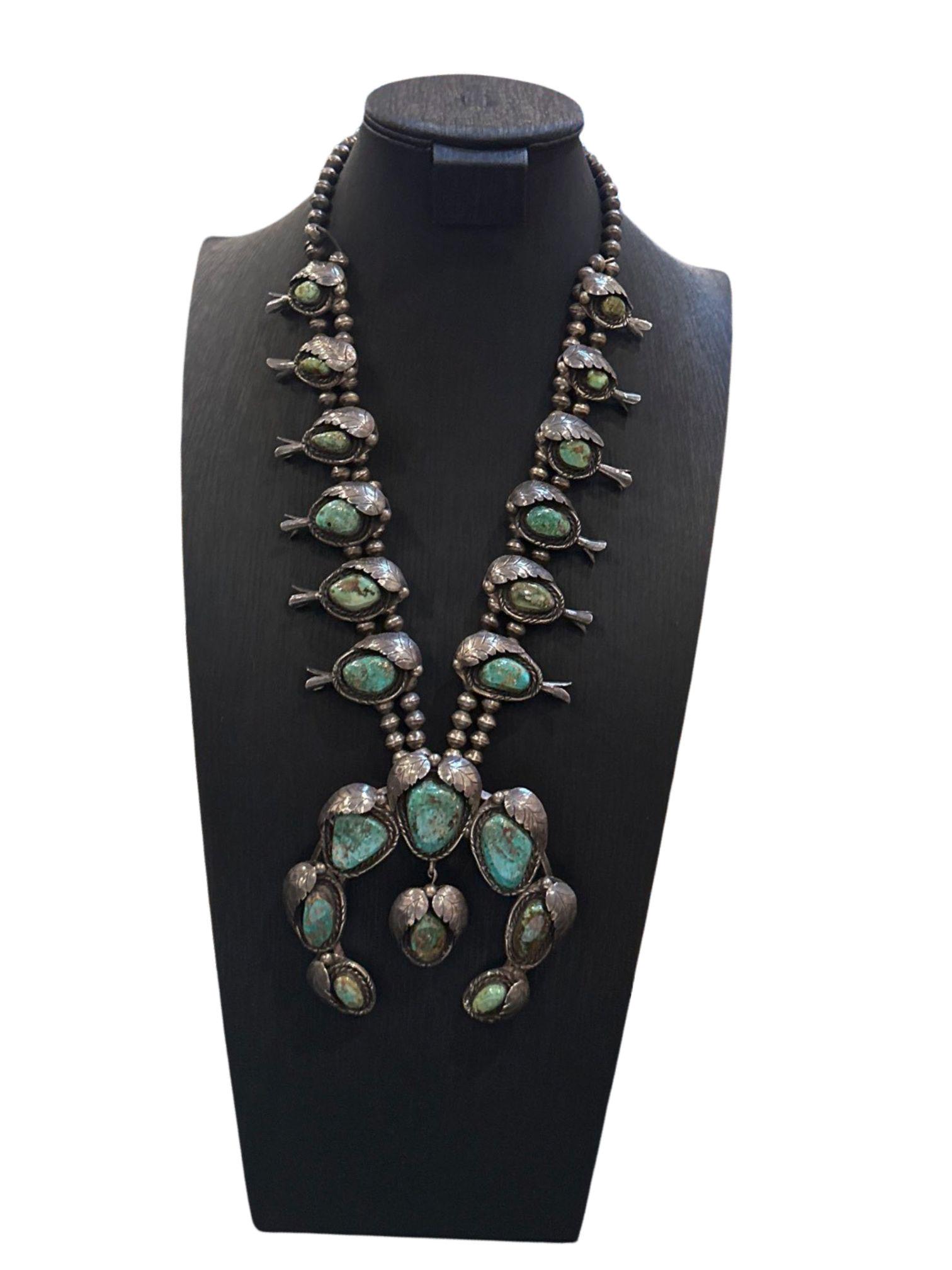 Squash Blossom Necklace w/ Turquoise Stones Sterling ; Pendent 4 1/4" wide & 4" long; middle hanging (1 of 4)