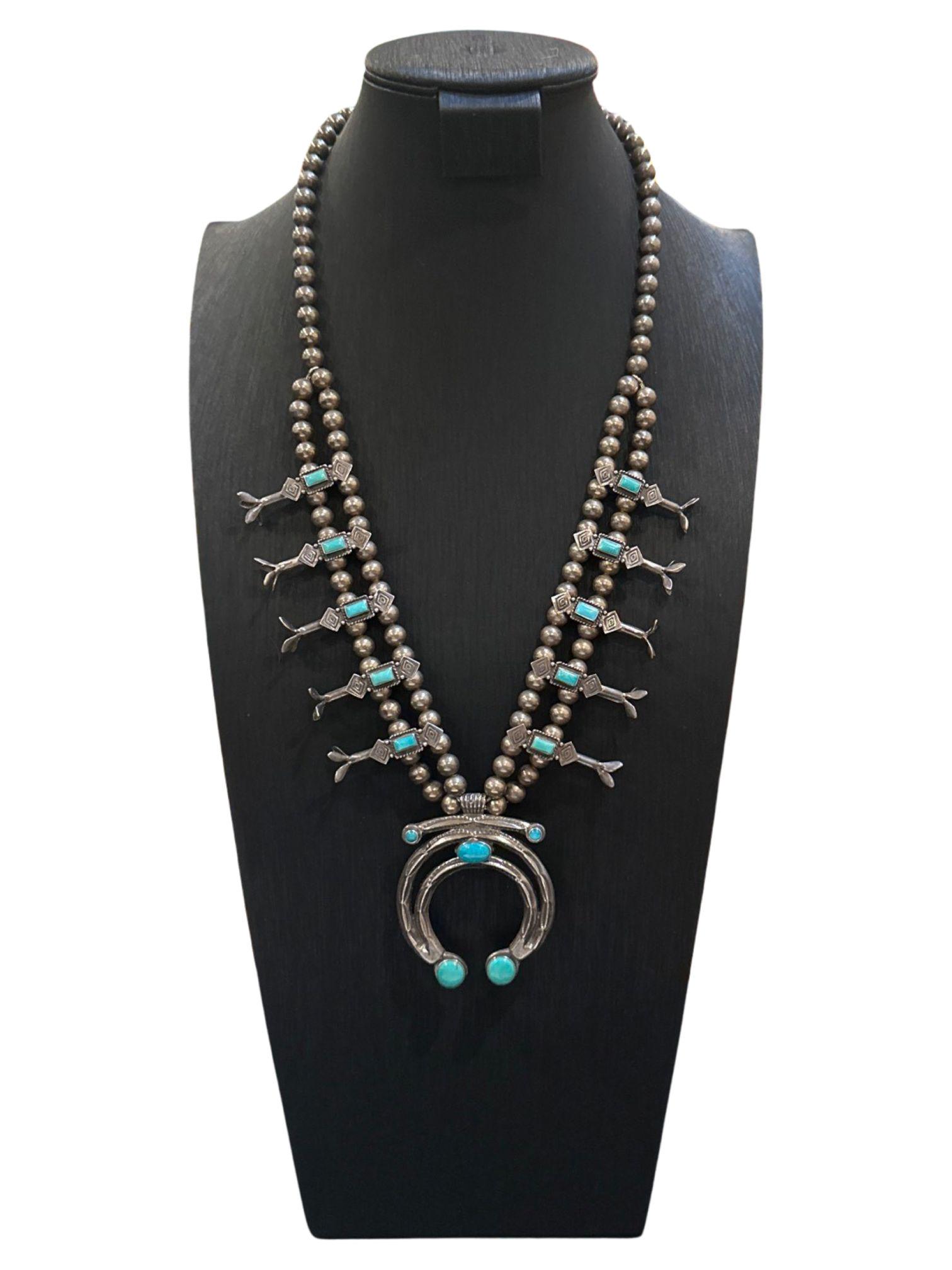 Squash Blossom Necklace w/ Turquoise Stones Sterling; Pendent 3 1/4" long & 2 1/4" wide (1 of 6)