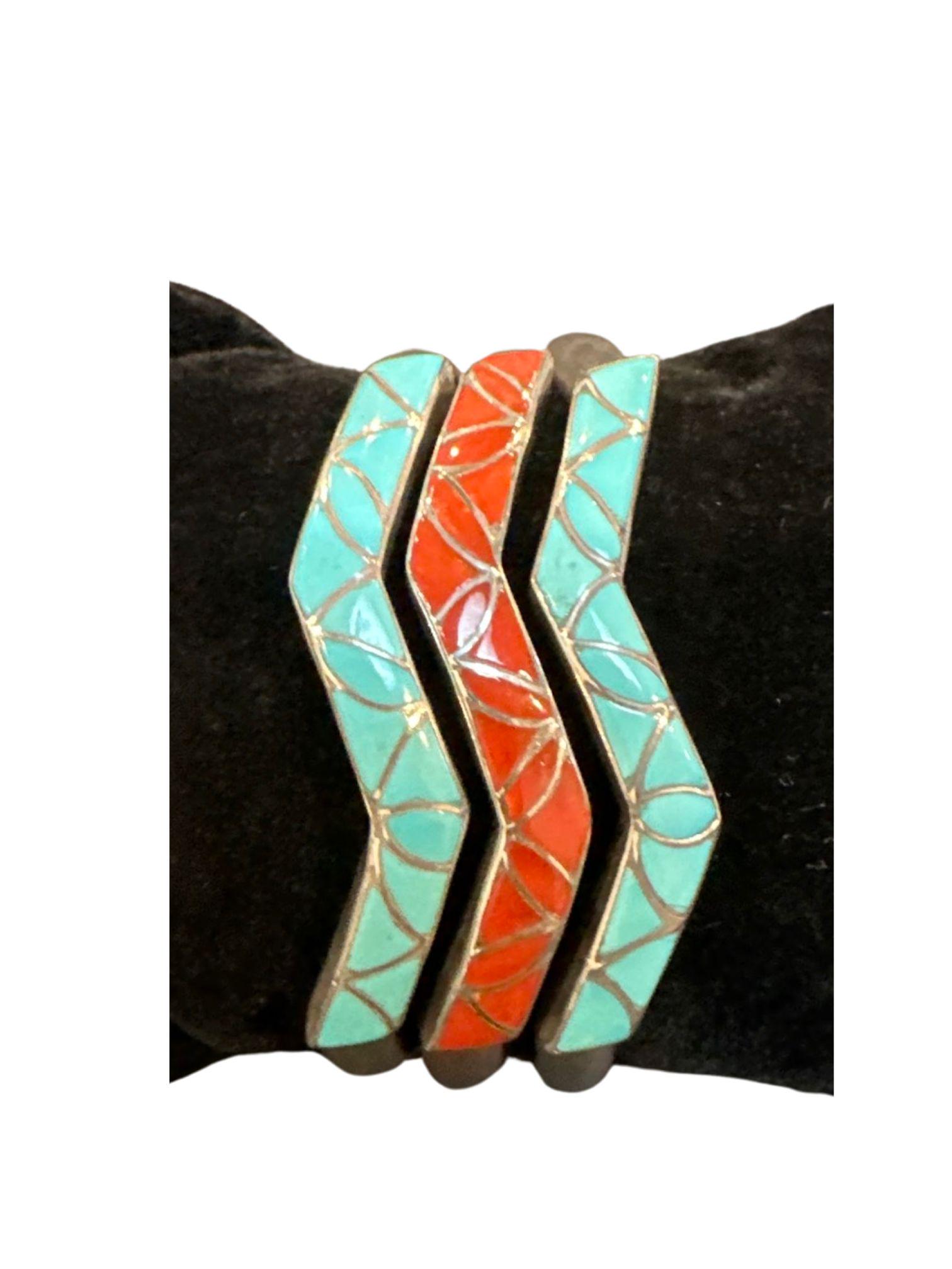 3 piece Lot of Silver & Inlay Cuff Bracelets marked "SKJ" Sterling": 3 piece Lot of Silver & Inlay Cuff Bracelets marked "SKJ" Sterling"