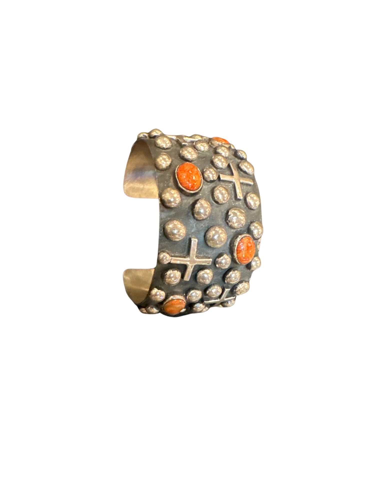 Ronnie Willie Sterling Silver Cuff Bracelet 1 1/2" wide ; w/ red coral stones (1 of 3)