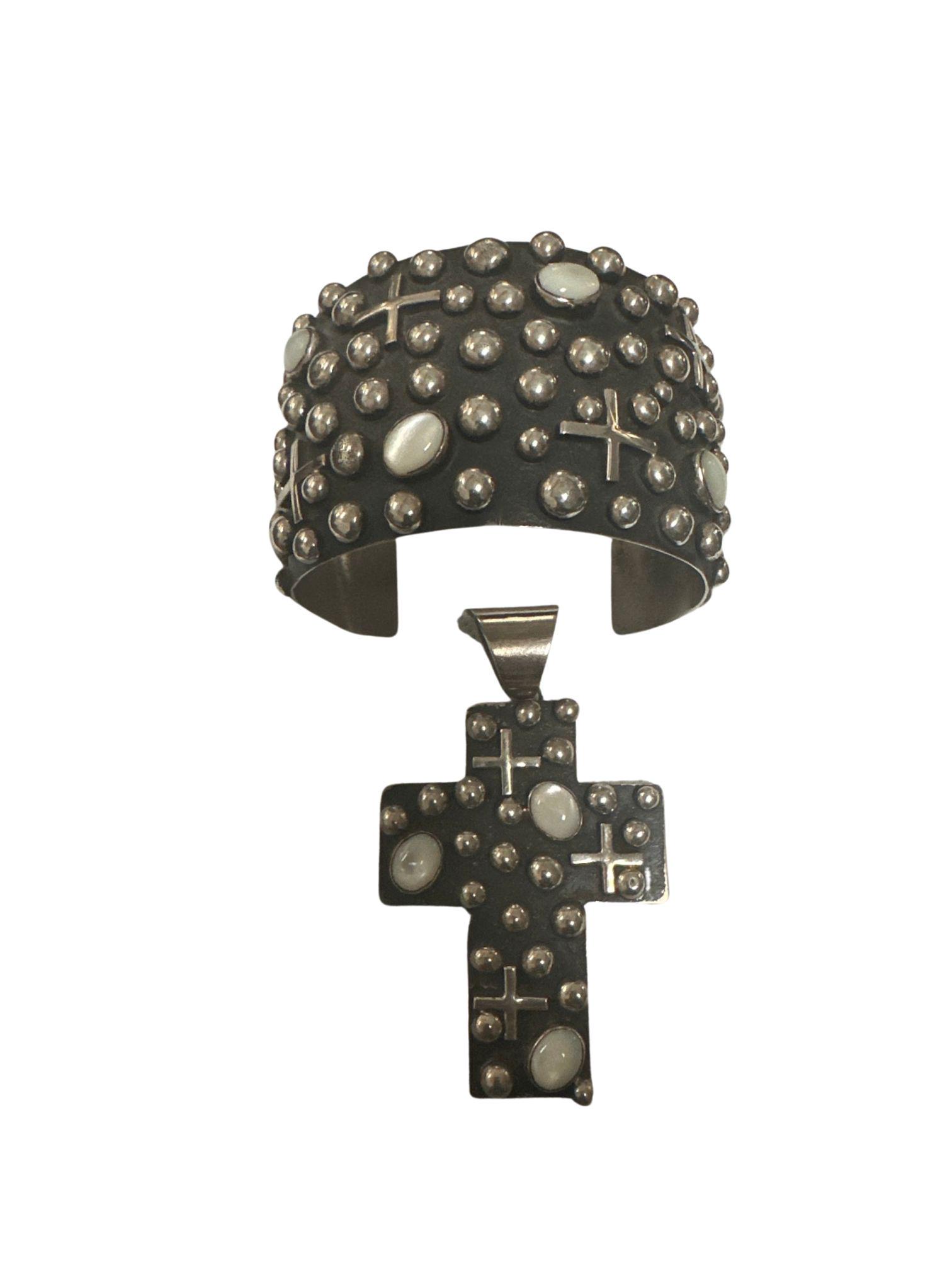 Sterling Silver Cuff & Cross pendent marked "Chimney Butte" ; Cuff 2" wide; Cross 2 1/2" x 2" (1 of 4)